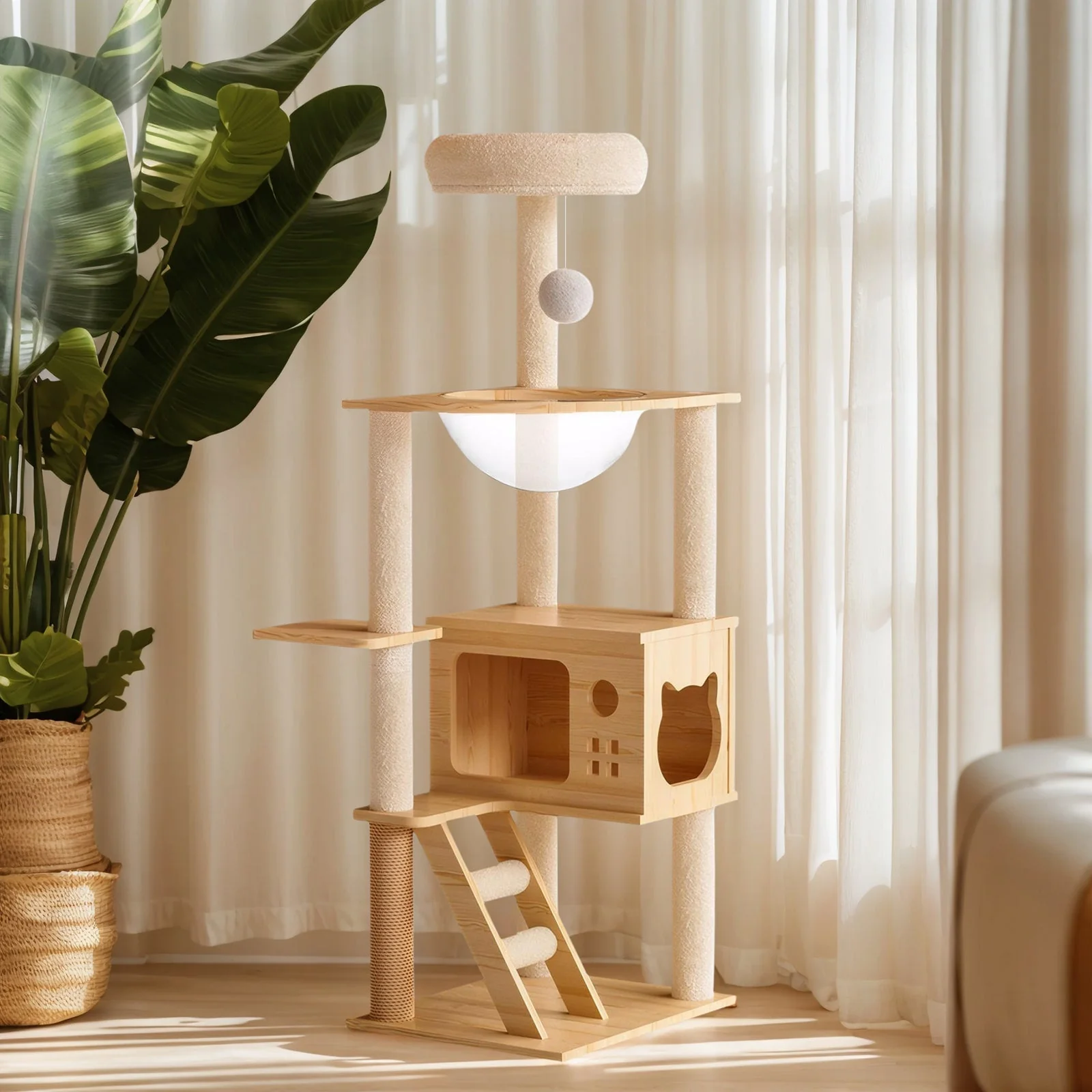 48.8' Modern Wooden Cat Tower for Indoor Cats - Image 8