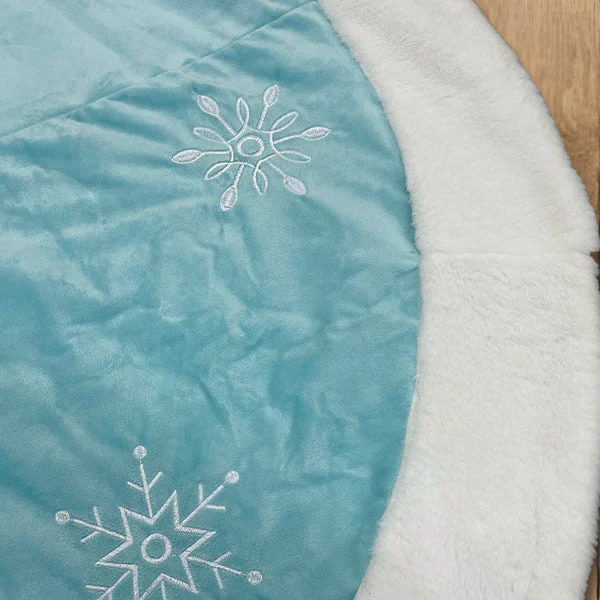 48" Pastel Blue Snowflake Embroidered Tree Skirt With Faux Fur Trim - Image 3