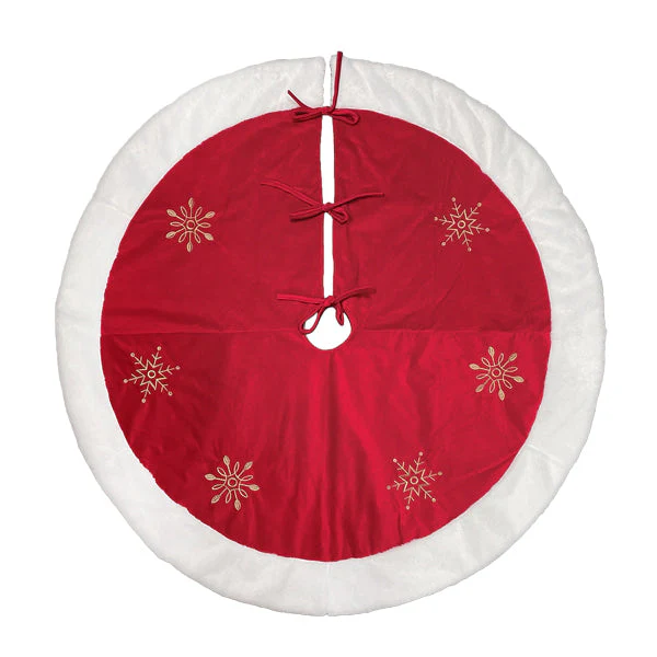 48" Red Snowflake Embroidered Tree Skirt With Faux Fur Trim - Image 2