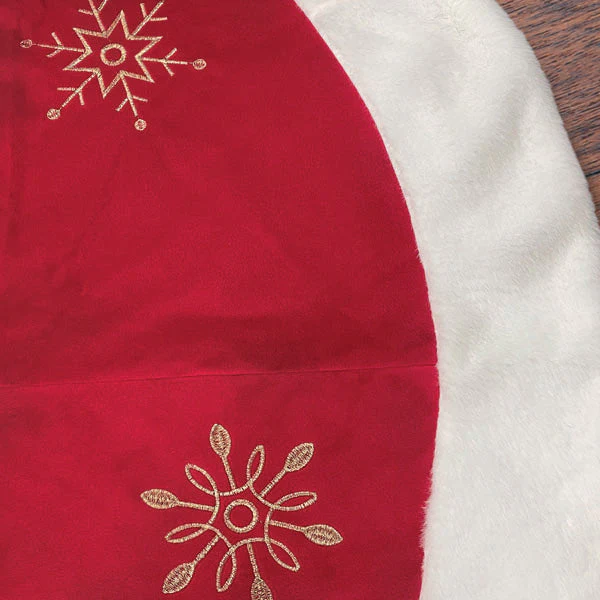 48" Red Snowflake Embroidered Tree Skirt With Faux Fur Trim - Image 3