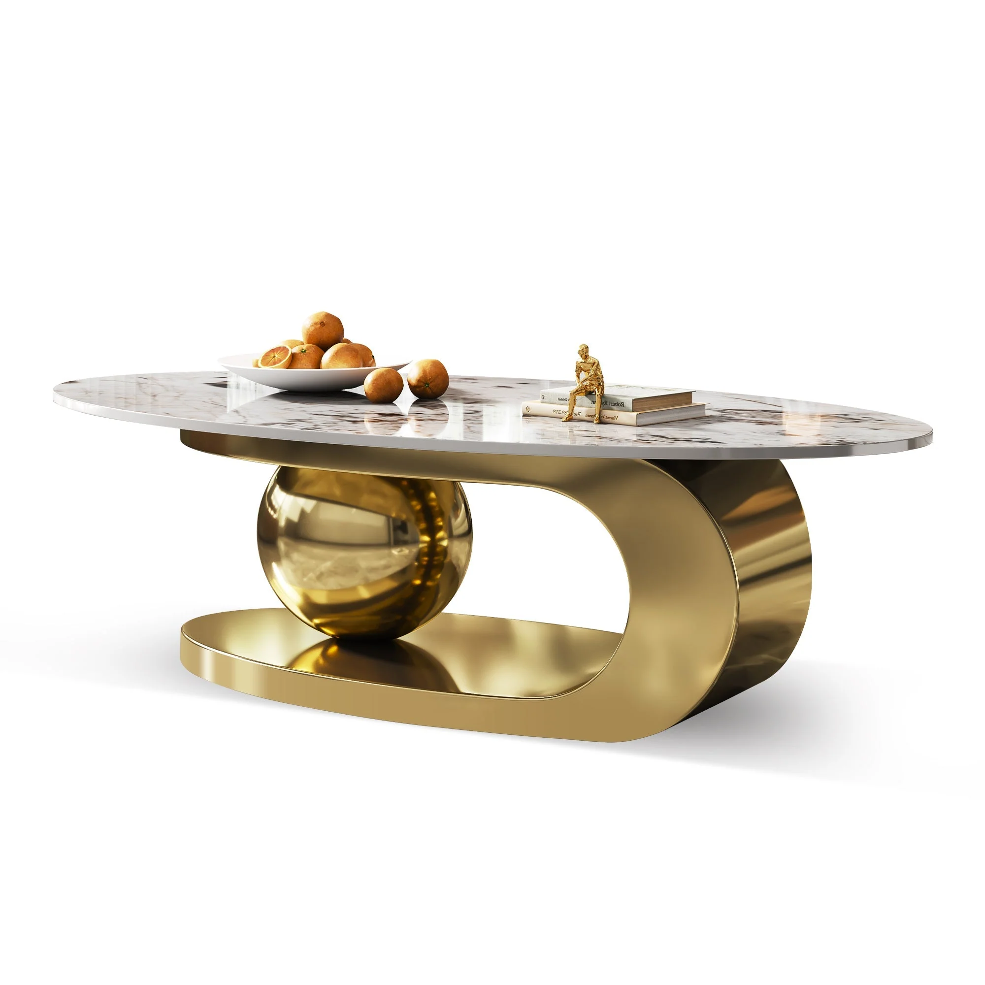 49.2 Inches Oval Faux Marble Coffee Table for Living Room with Stainless Steel Base - Image 10