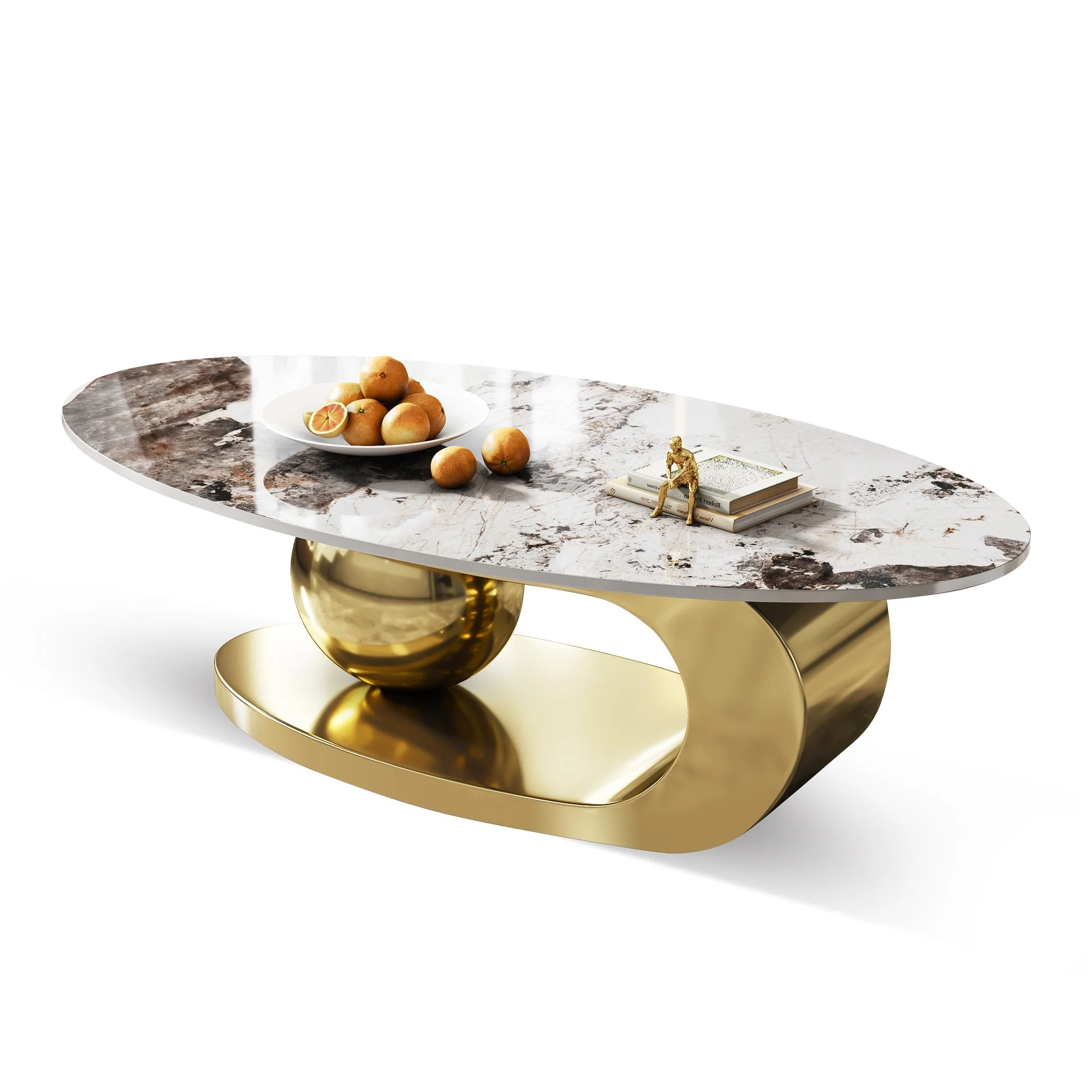 49.2 Inches Oval Faux Marble Coffee Table for Living Room with Stainless Steel Base - Image 11