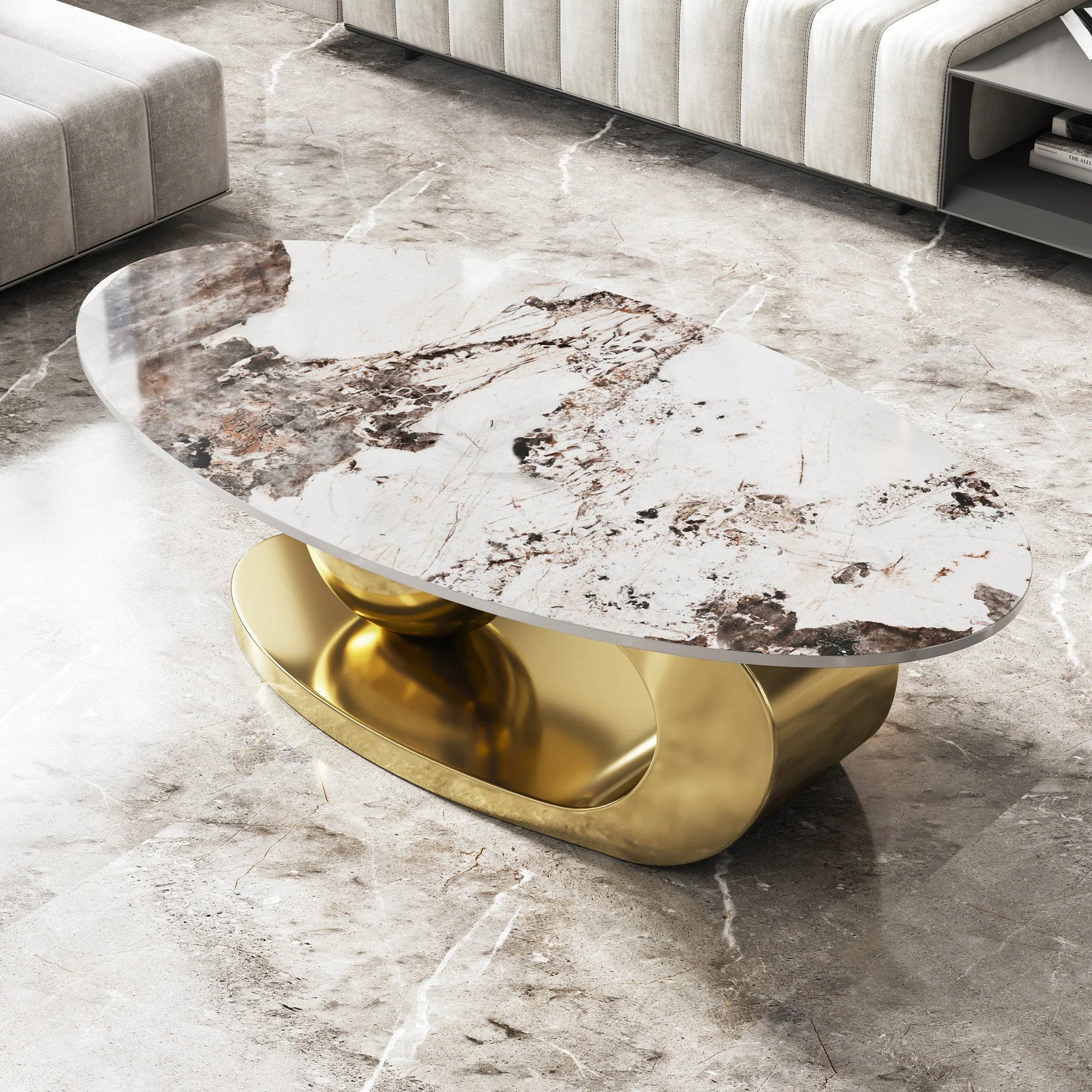 49.2 Inches Oval Faux Marble Coffee Table for Living Room with Stainless Steel Base - Image 12