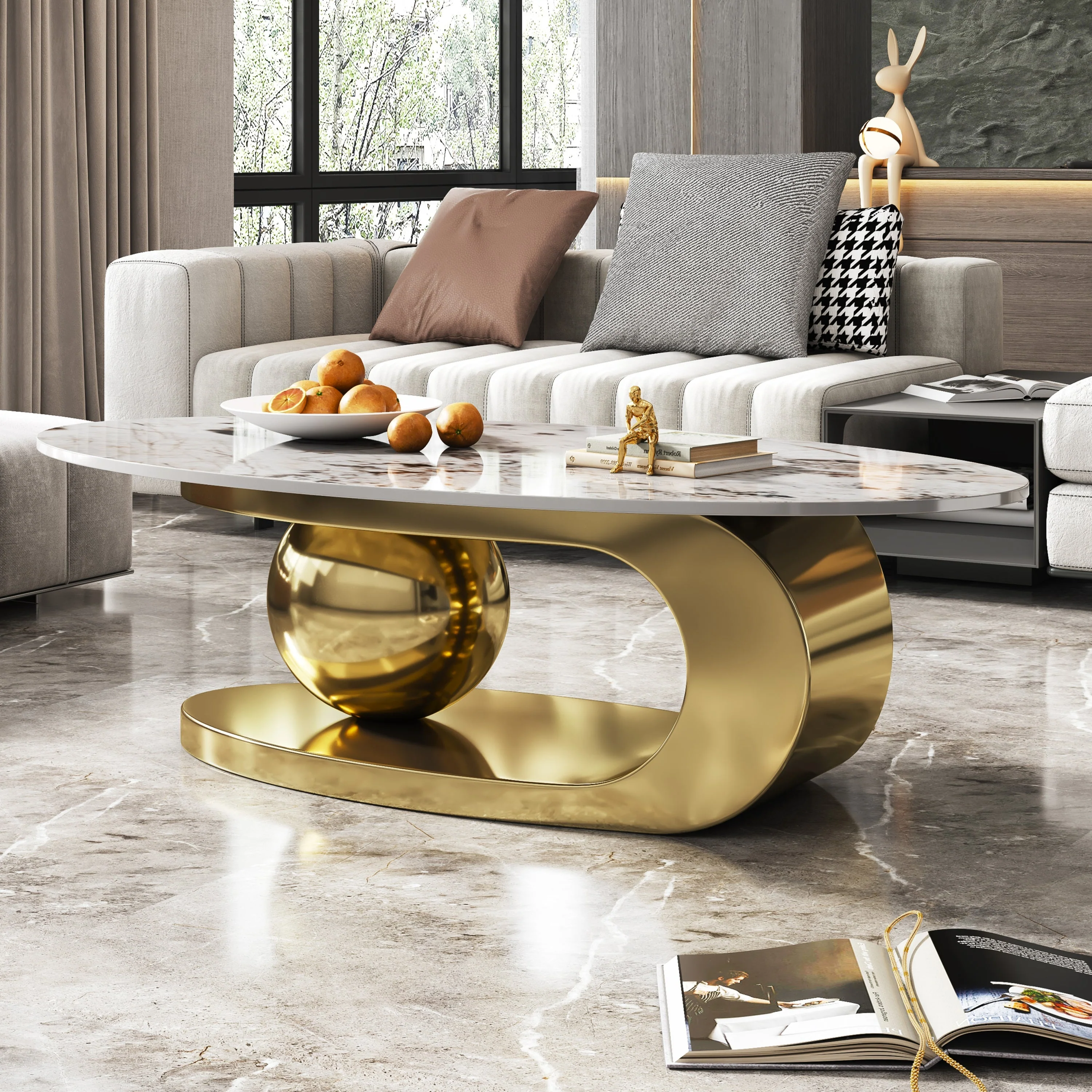 49.2 Inches Oval Faux Marble Coffee Table for Living Room with Stainless Steel Base - Image 3