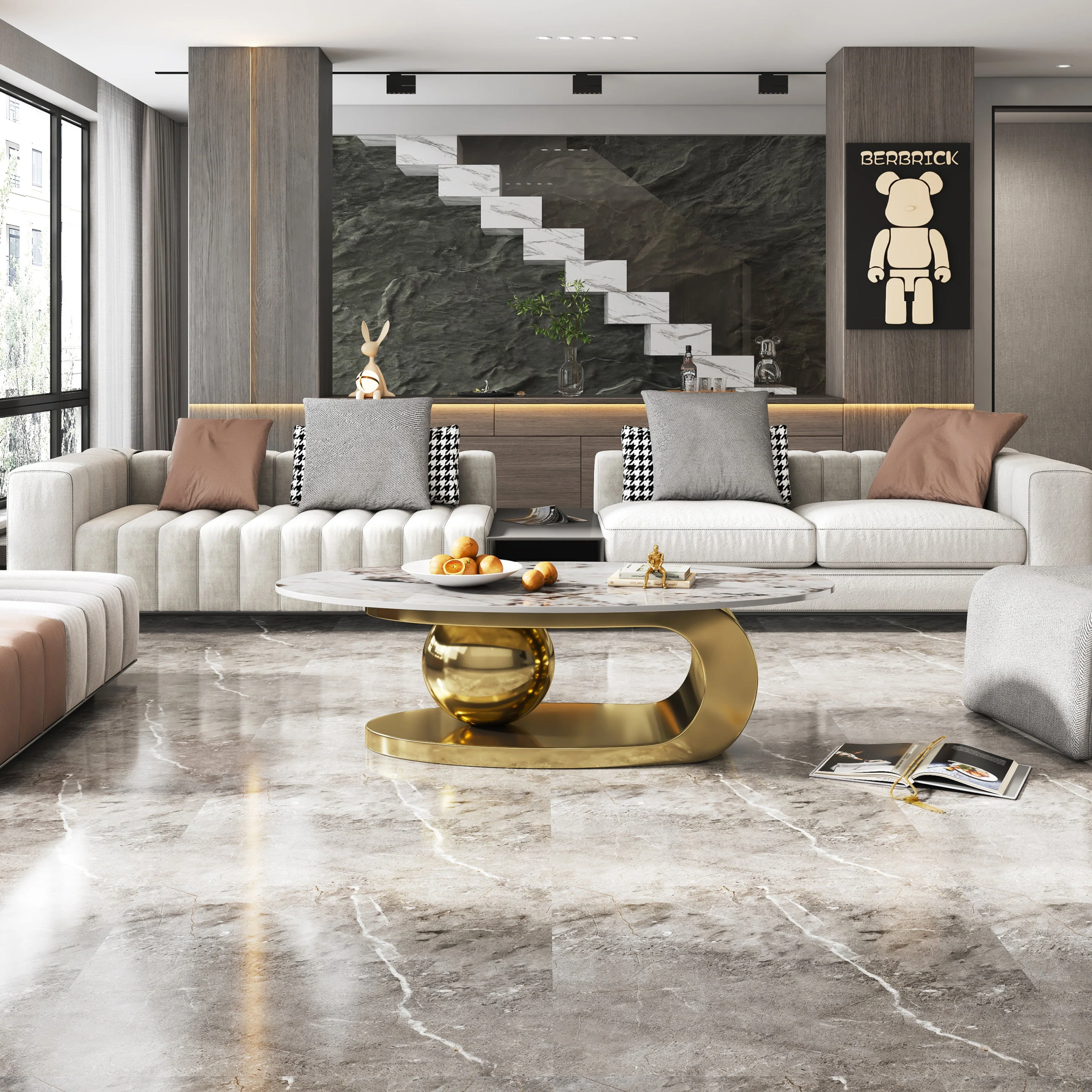 49.2 Inches Oval Faux Marble Coffee Table for Living Room with Stainless Steel Base - Image 4