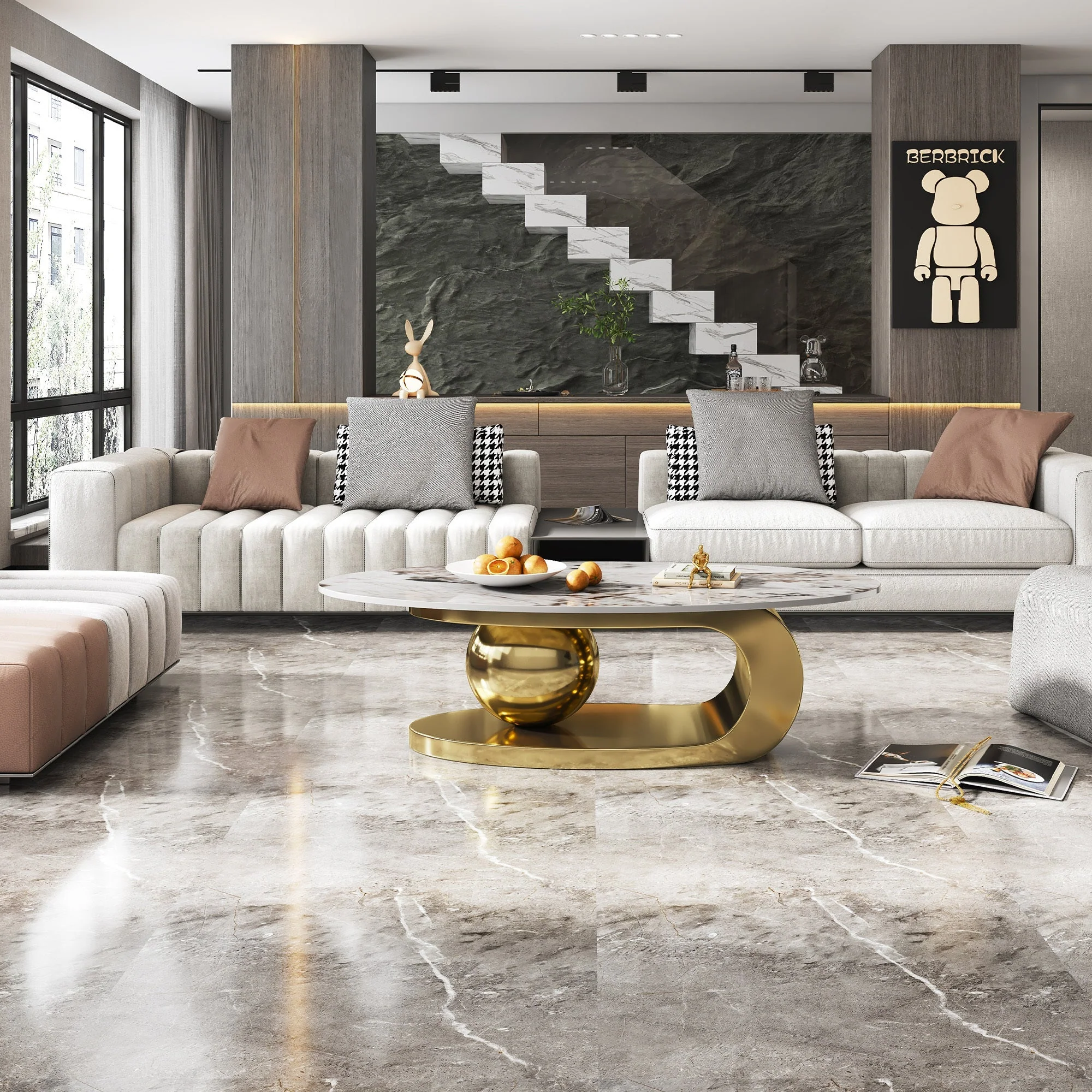 49.2 Inches Oval Faux Marble Coffee Table for Living Room with Stainless Steel Base - Image 7