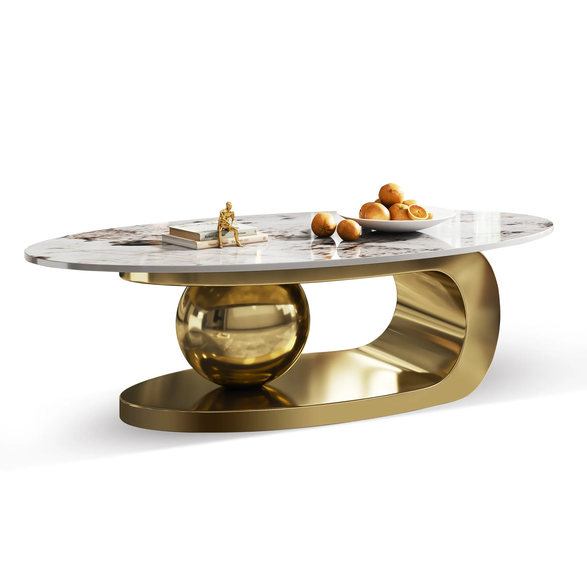 49.2 Inches Oval Faux Marble Coffee Table for Living Room with Stainless Steel Base - Image 8