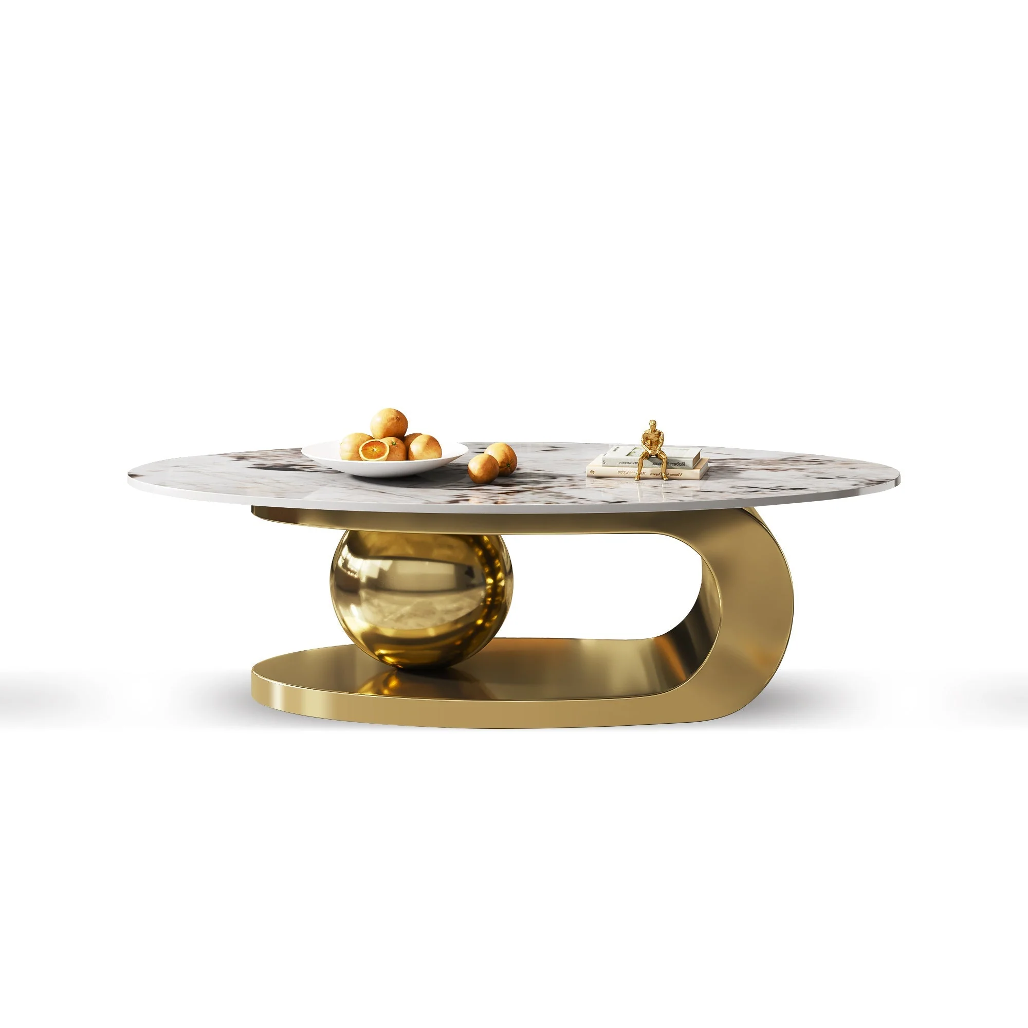 49.2 Inches Oval Faux Marble Coffee Table for Living Room with Stainless Steel Base - Image 9