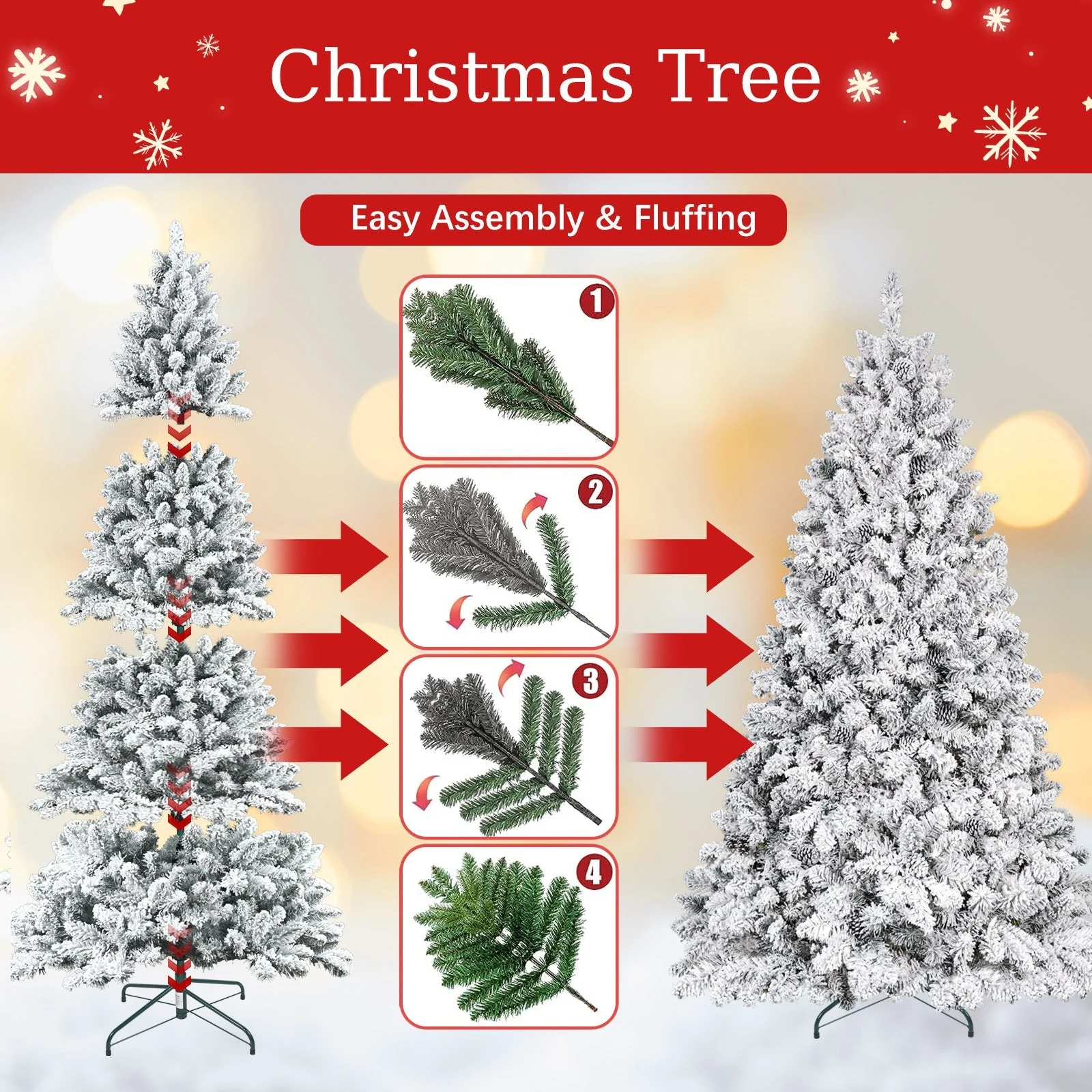 4FT Flocked Christmas Tree with Pine Cones and Snowy PVC Design - Image 10