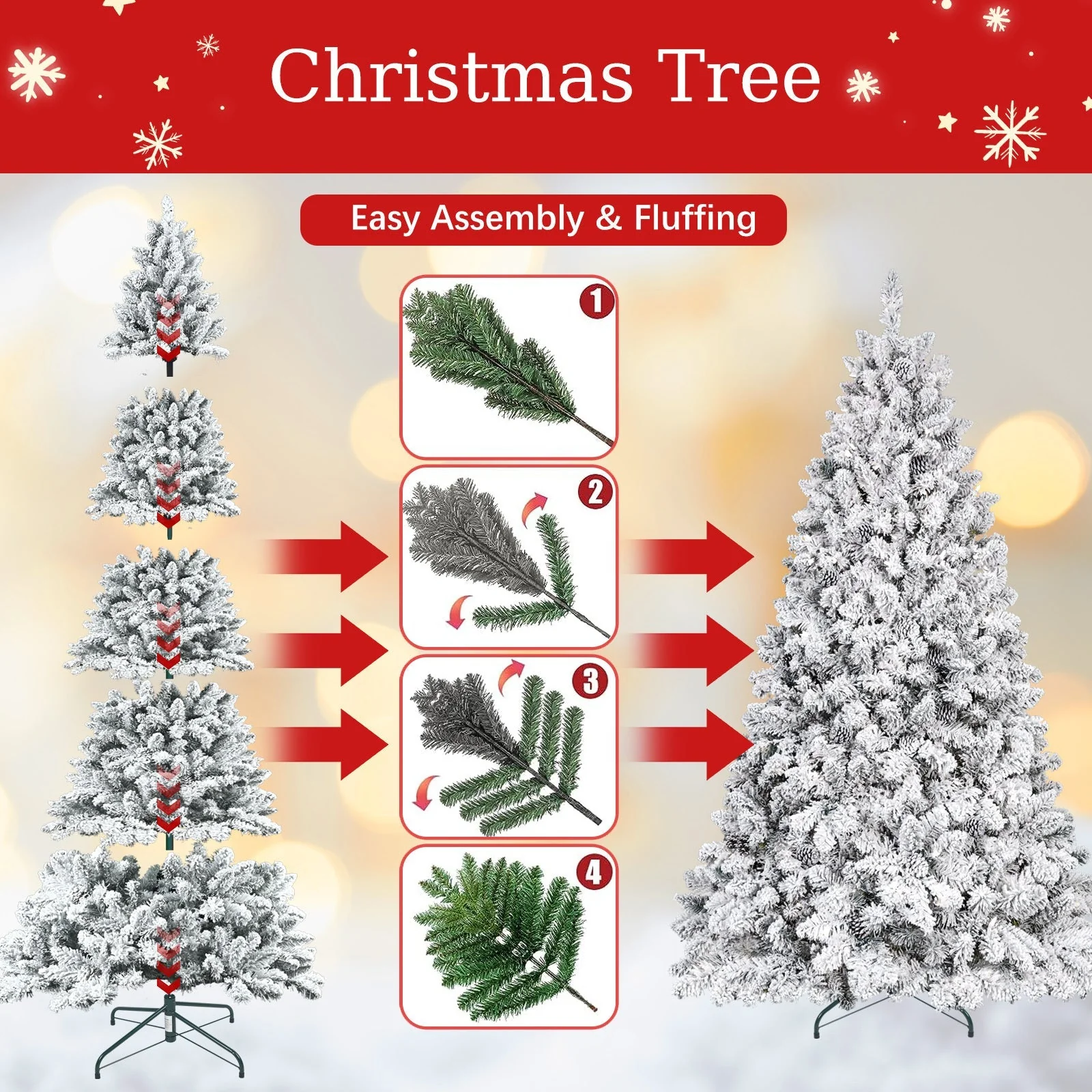 4FT Flocked Christmas Tree with Pine Cones and Snowy PVC Design - Image 11