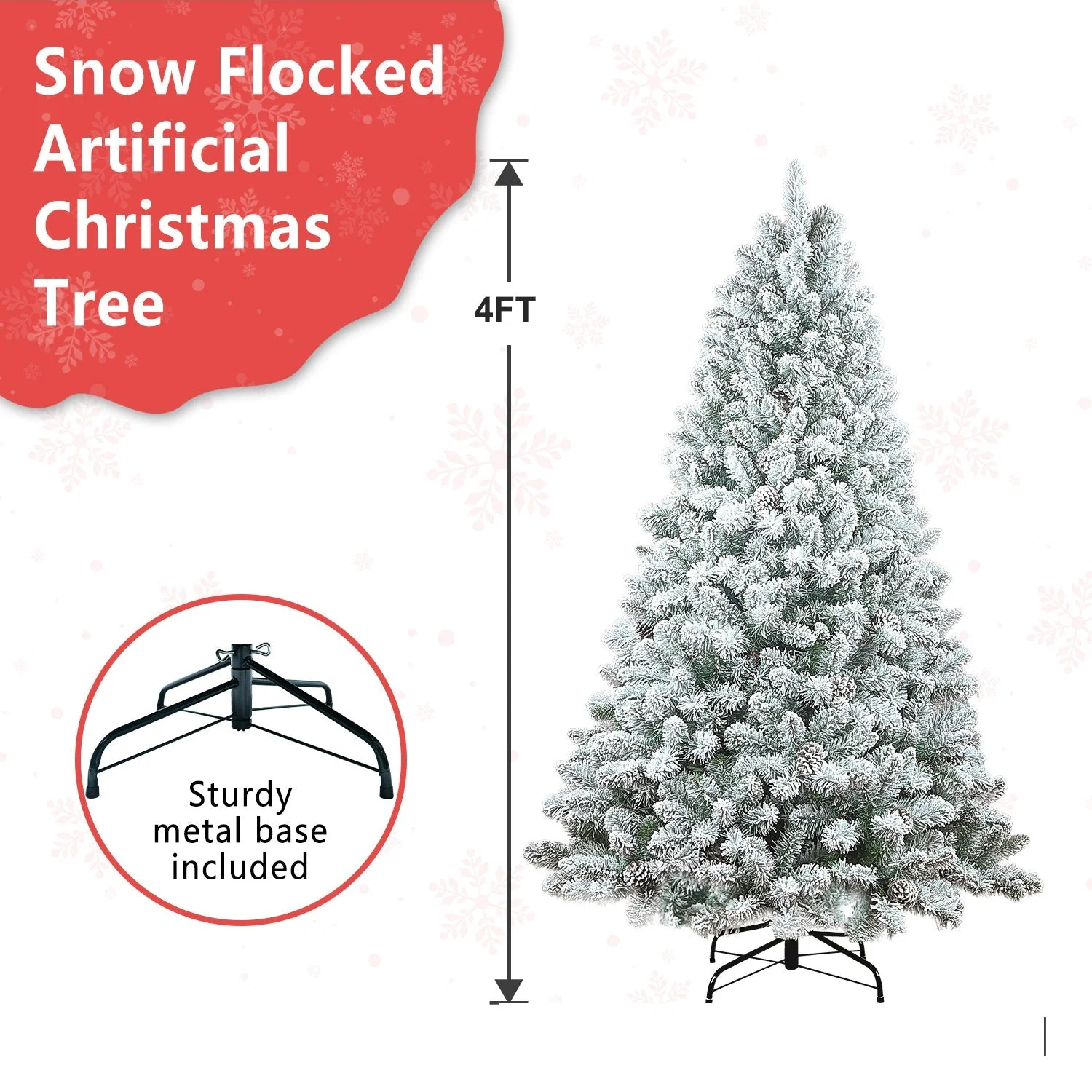 4FT Flocked Christmas Tree with Pine Cones and Snowy PVC Design - Image 14
