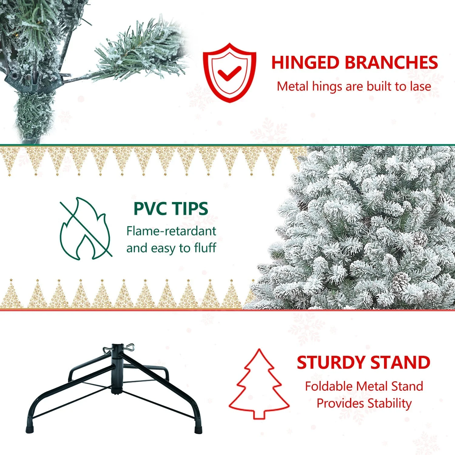 4FT Flocked Christmas Tree with Pine Cones and Snowy PVC Design - Image 4