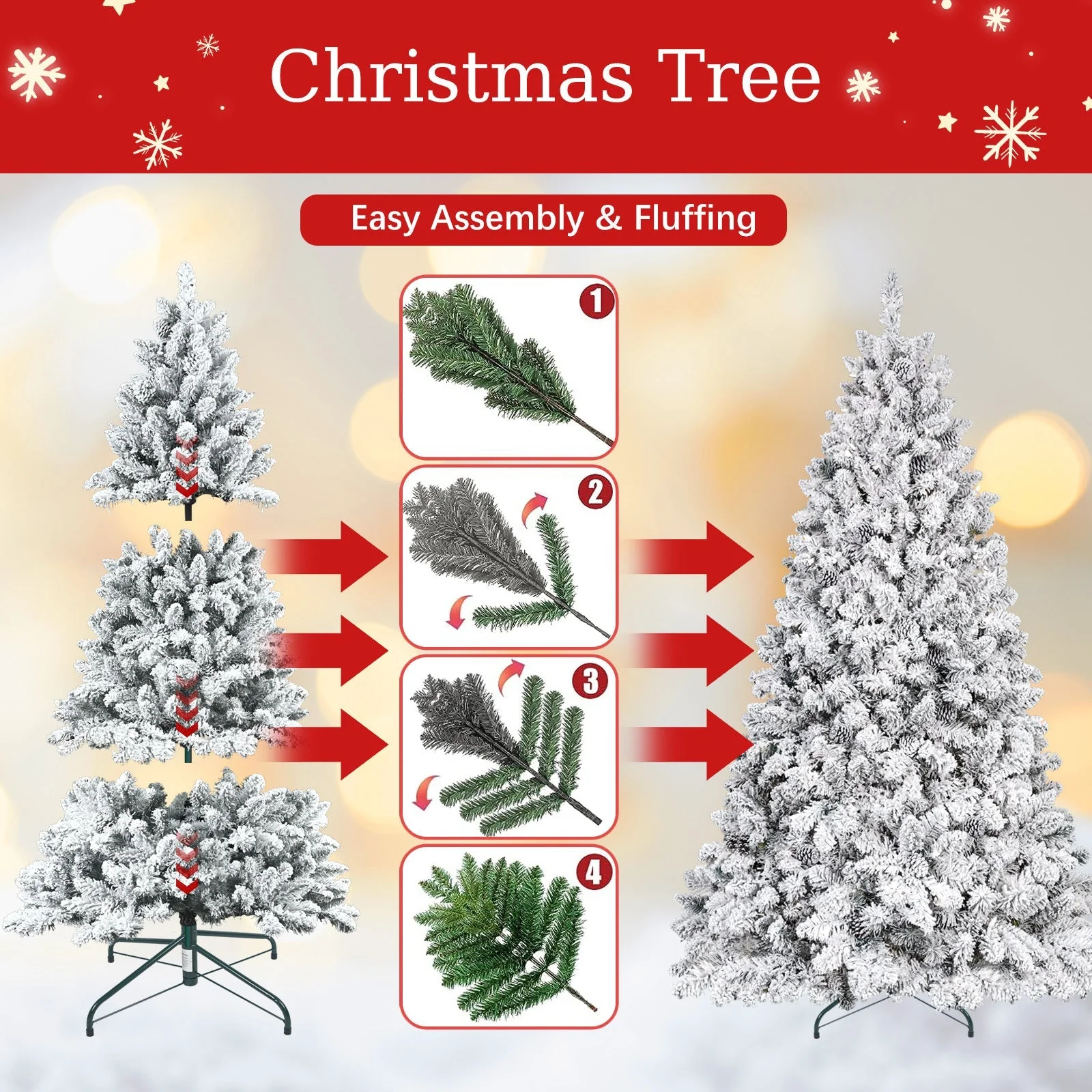 4FT Flocked Christmas Tree with Pine Cones and Snowy PVC Design - Image 9