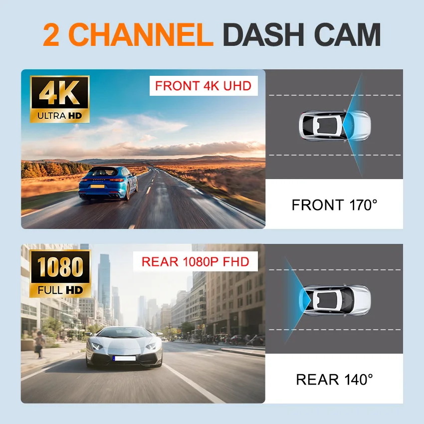 4K Dash Cam 2Inch UHD Front Rear Car DVR WiFi APP Control Night Vision 2Channel - Image 4