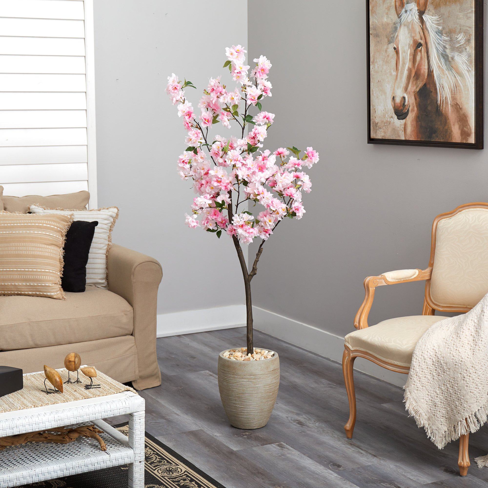 5.5’ Cherry Blossom Artificial Tree in Sand Colored Planter - Image 4
