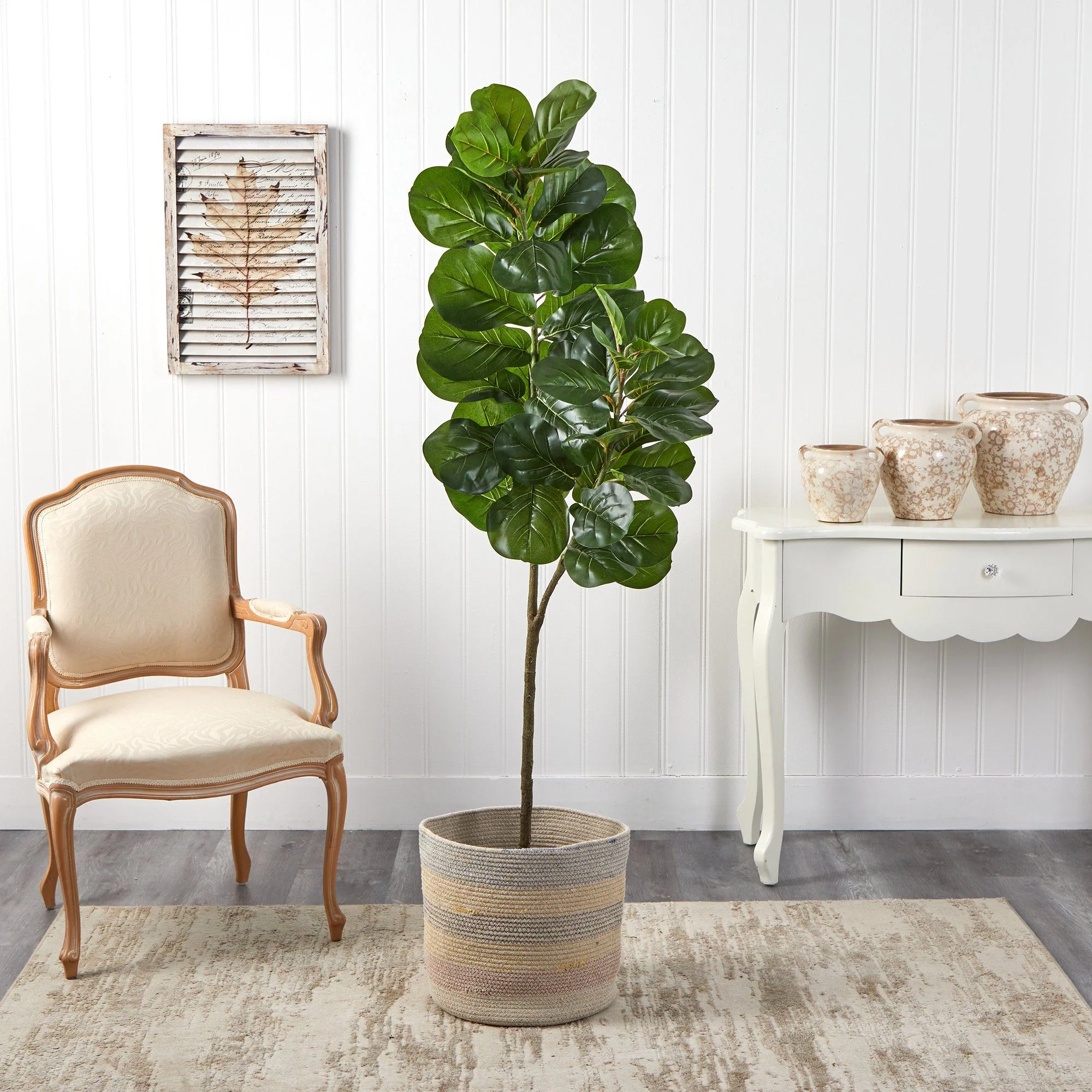 5.5’ Fiddle Leaf Fig Artificial Tree in Handmade Natural Cotton Multicolored Woven Planter - Image 3