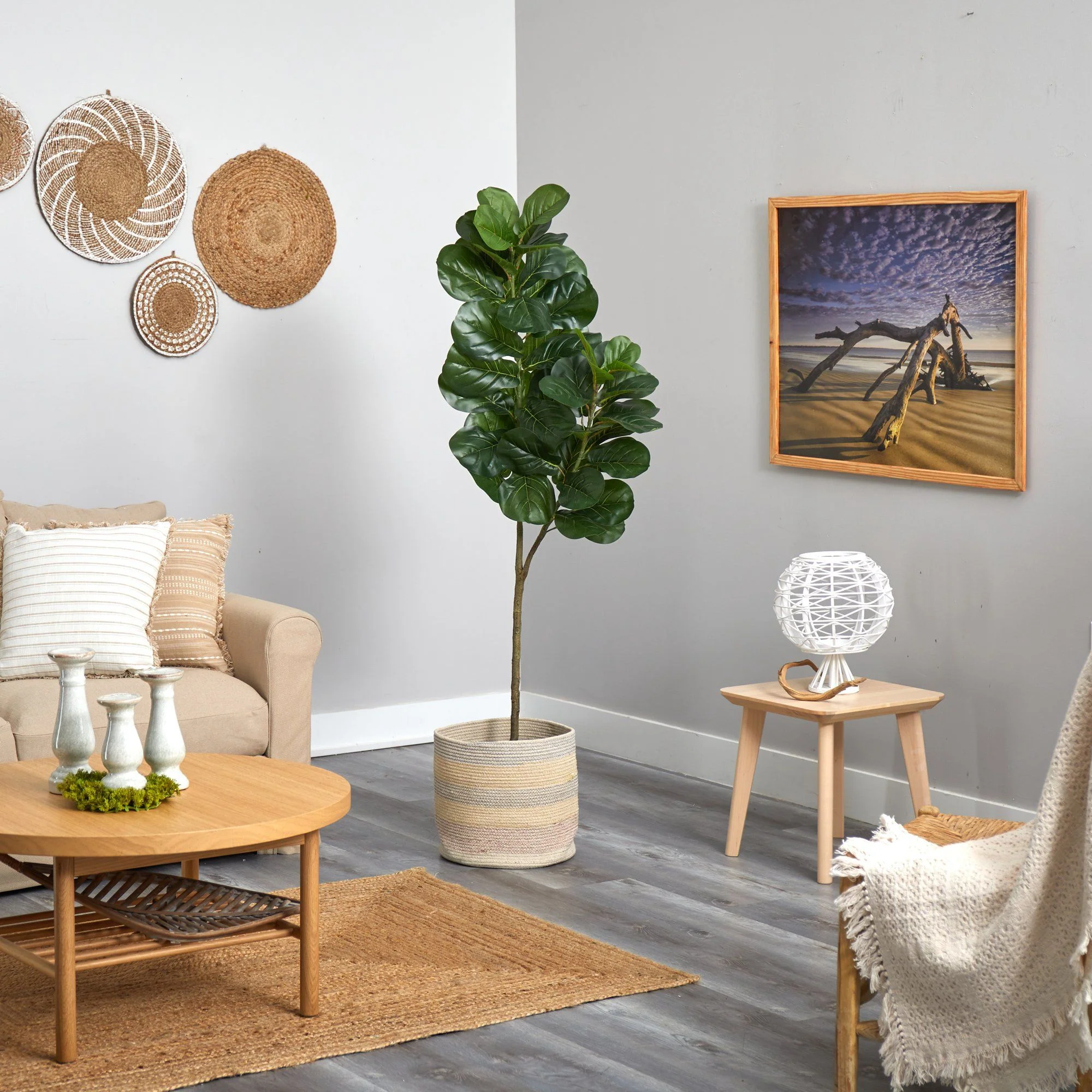5.5’ Fiddle Leaf Fig Artificial Tree in Handmade Natural Cotton Multicolored Woven Planter - Image 4