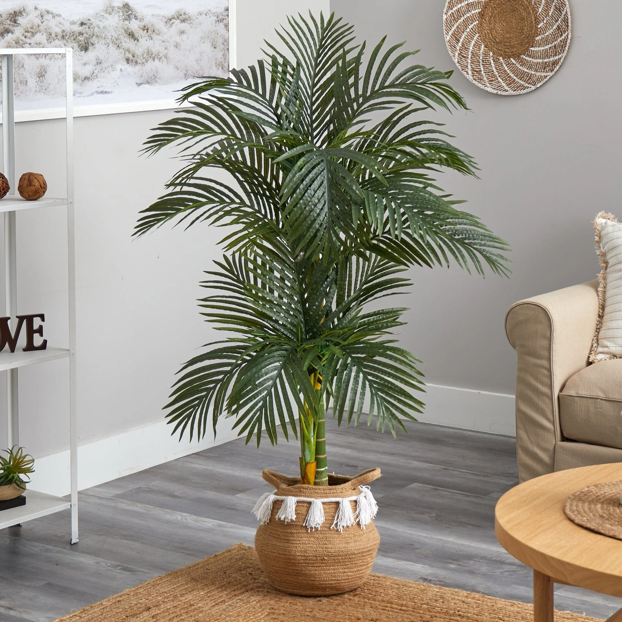 5’ Artificial Double Stalk Golden Cane Palm Tree with Handmade Woven Cotton Basket - Image 2