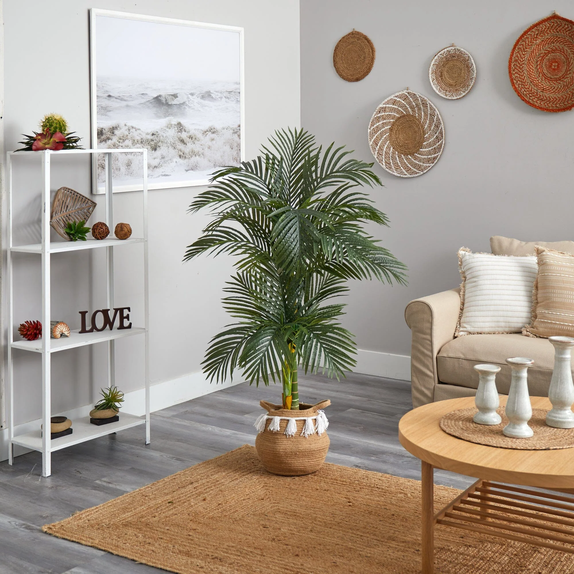 5’ Artificial Double Stalk Golden Cane Palm Tree with Handmade Woven Cotton Basket - Image 3