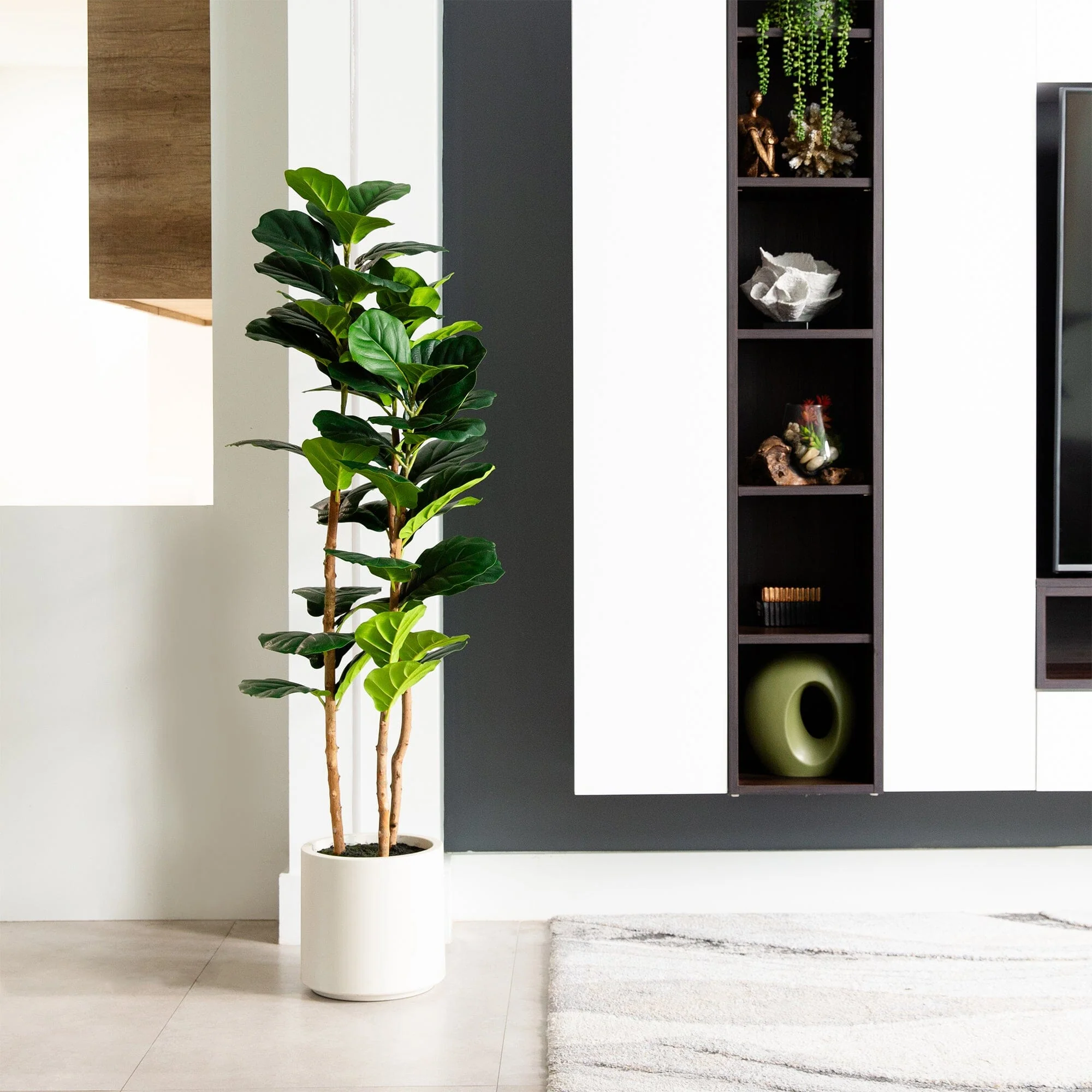 5’ Artificial Fiddle Leaf Tree in Decorative White Planter - Image 3