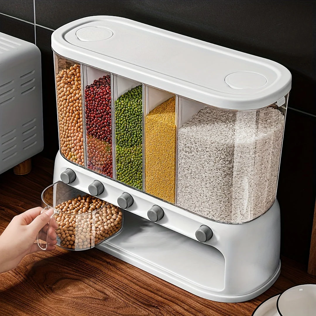 5 Compartment Grain Storage Container Airtight Rice Dispenser Bin - Image 2