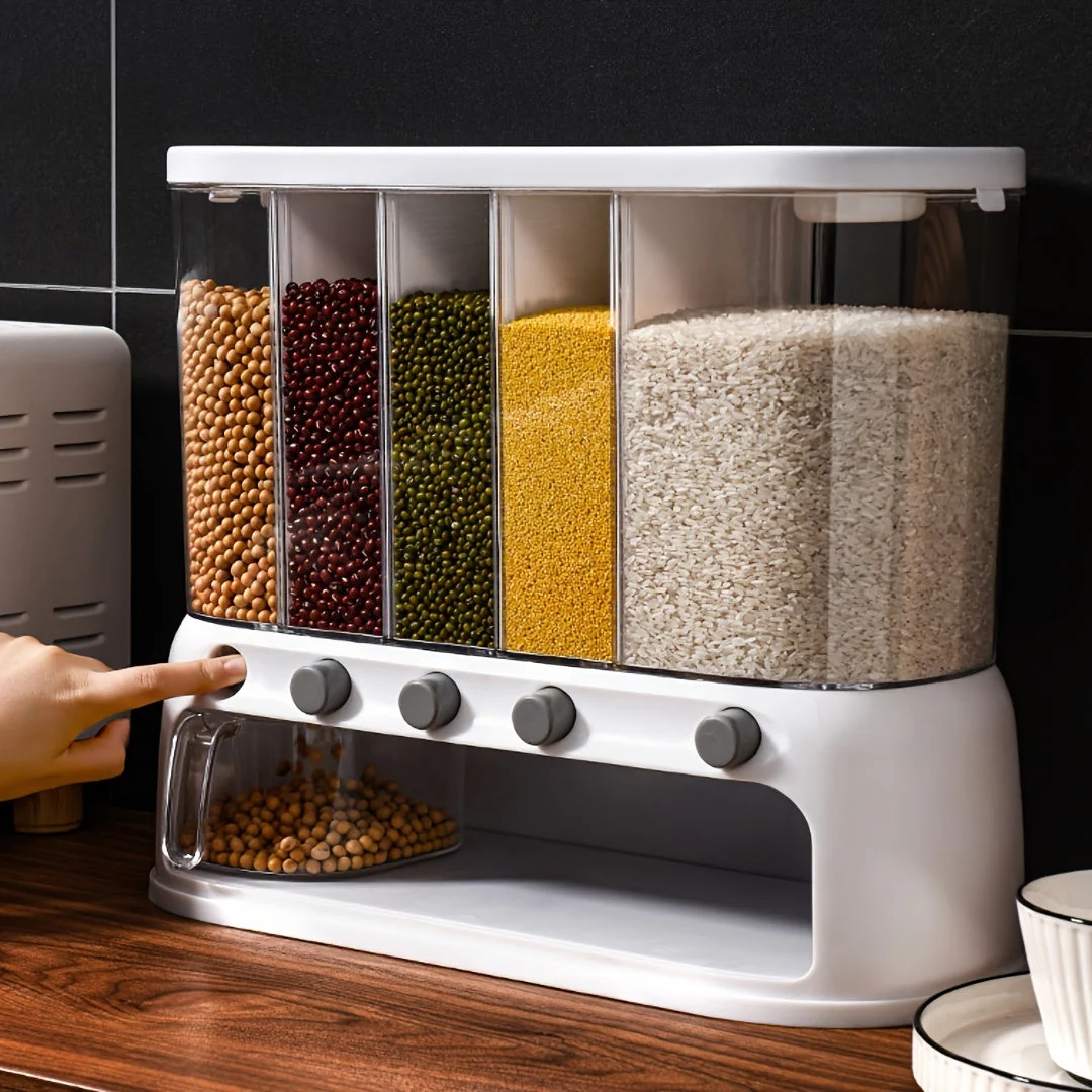 5 Compartment Grain Storage Container Airtight Rice Dispenser Bin - Image 3