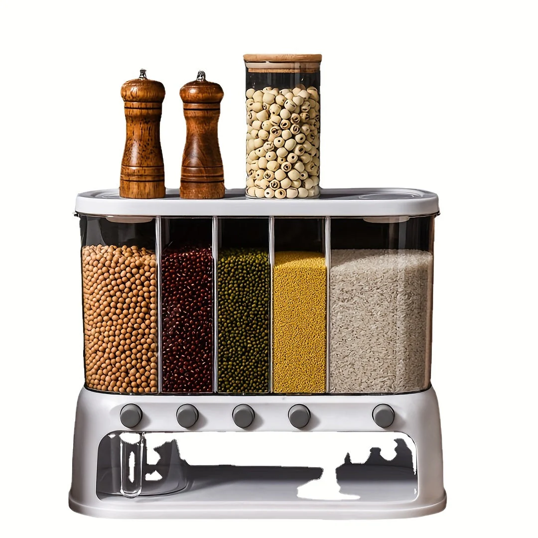 5 Compartment Grain Storage Container Airtight Rice Dispenser Bin - Image 4