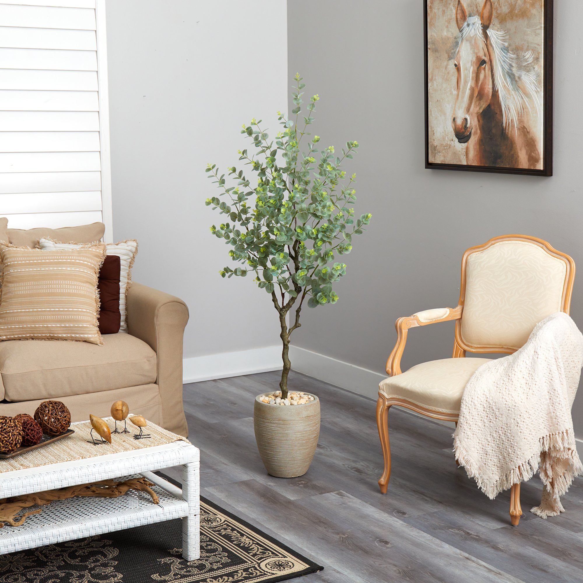 5’ Eucalyptus Artificial Tree in Sandstone Planter - Image 4