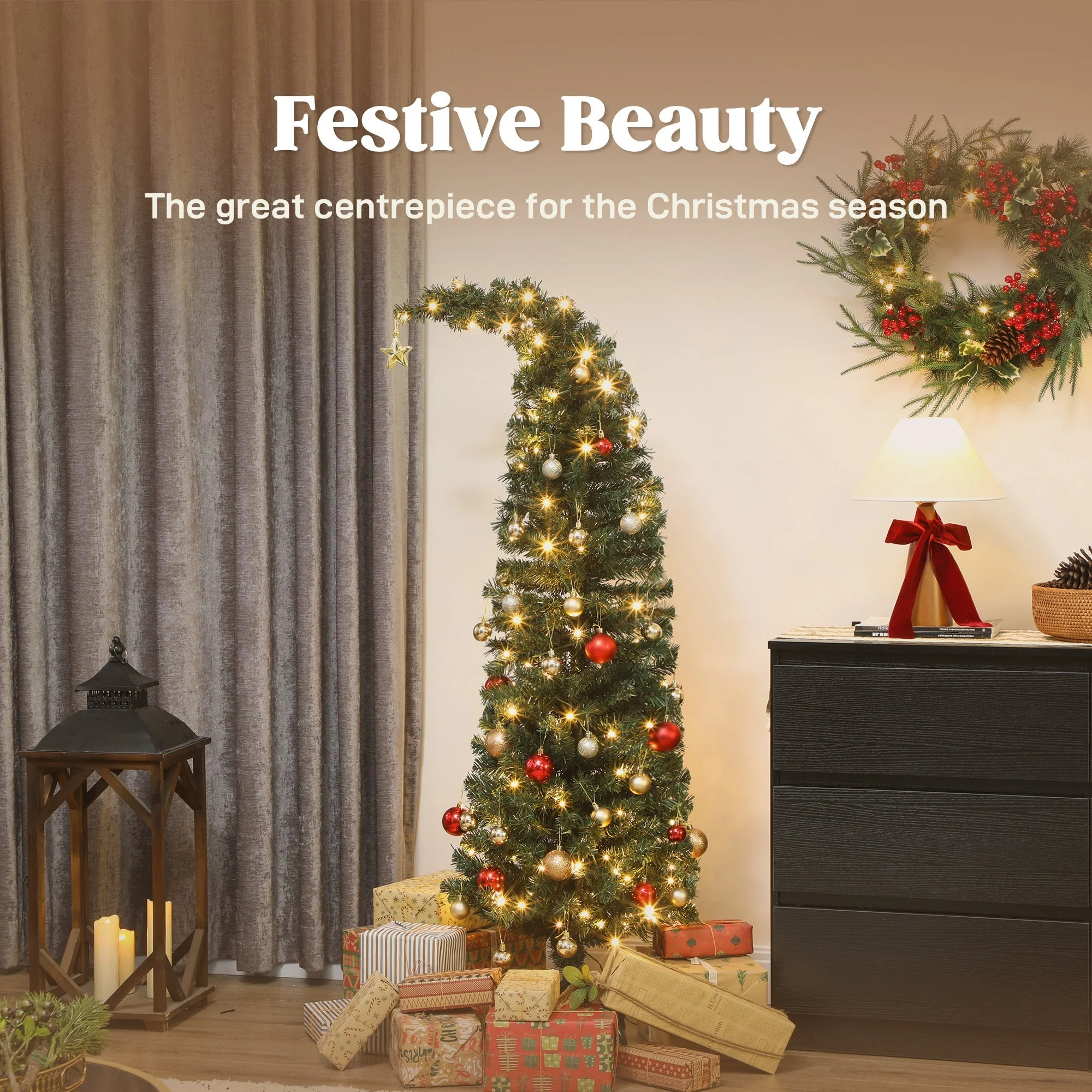 5 Ft Prelit Bent Top Christmas Tree with 300 LEDs and Metal Stand - Image 4