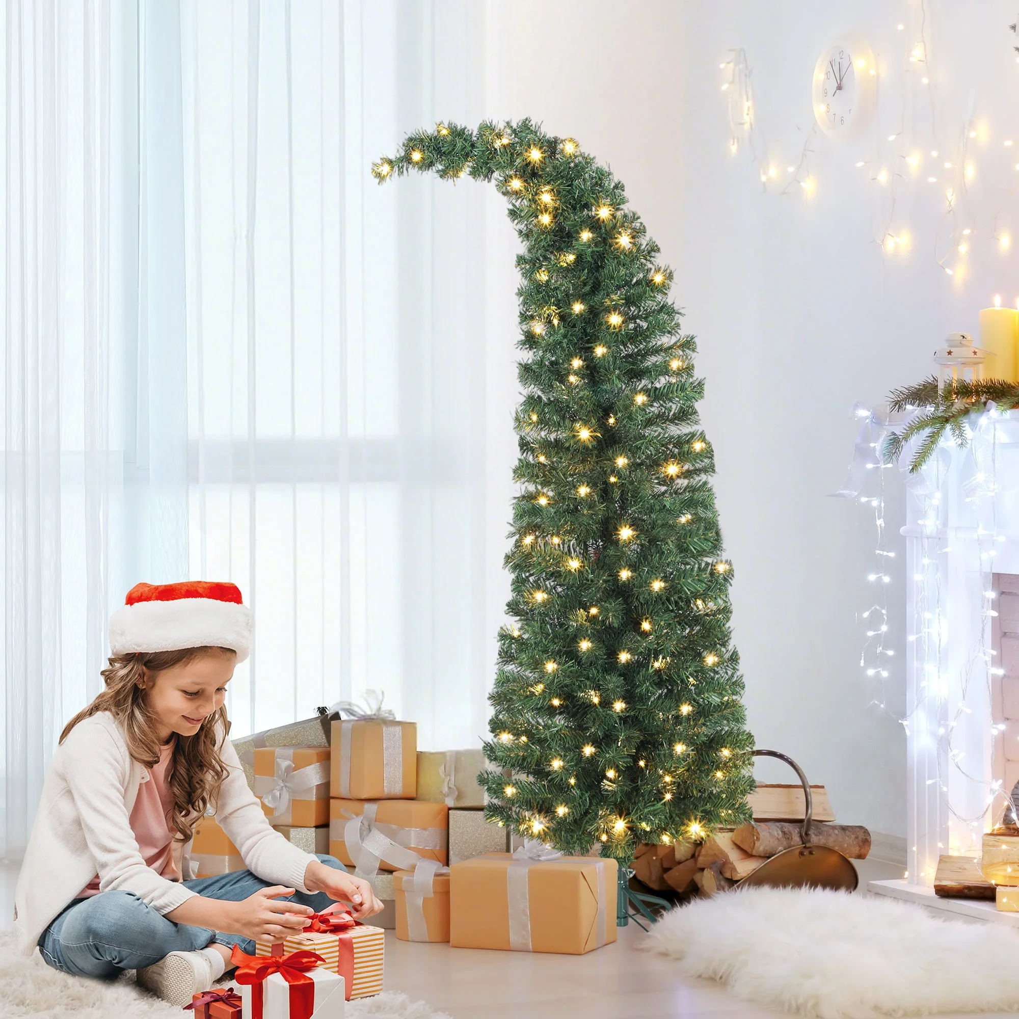 5 Ft Prelit Bent Top Christmas Tree with 300 LEDs and Metal Stand - Image 5