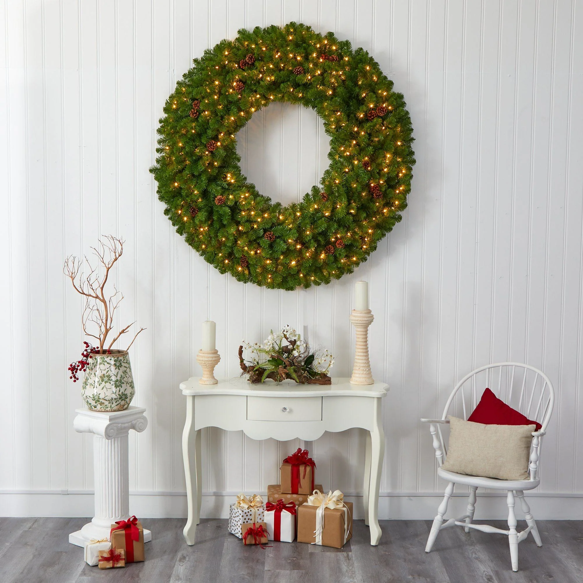 5’ Giant Artificial Christmas Wreath with 280 Warm White Lights and Pine Cones - Image 4