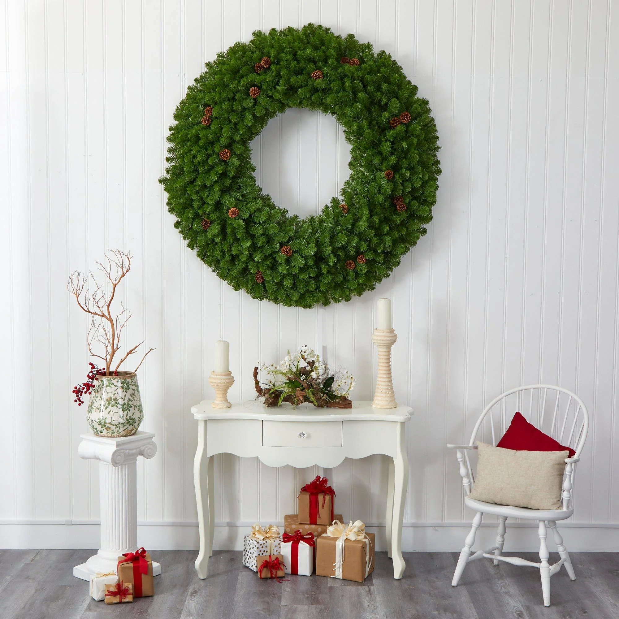 5’ Giant Artificial Christmas Wreath with 280 Warm White Lights and Pine Cones - Image 5
