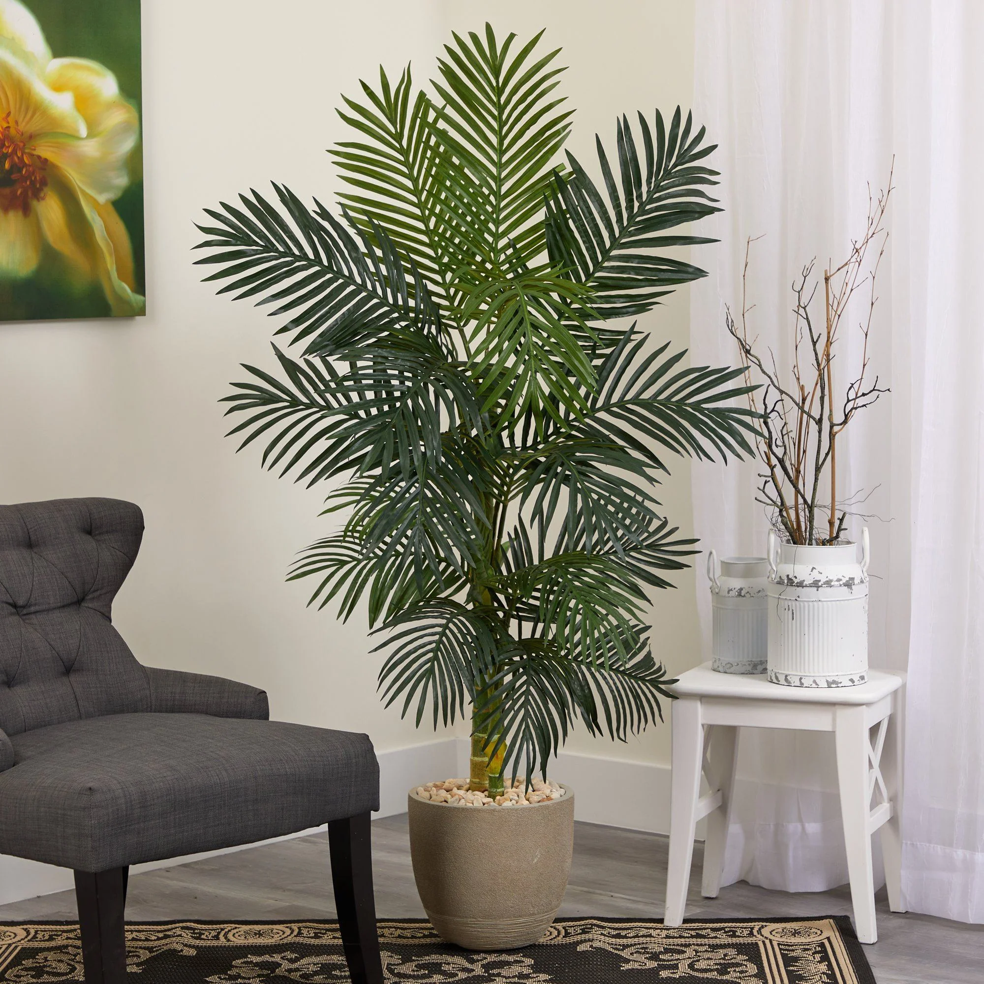 5’ Golden Cane Artificial Palm Tree in Sandstone Planter - Image 3