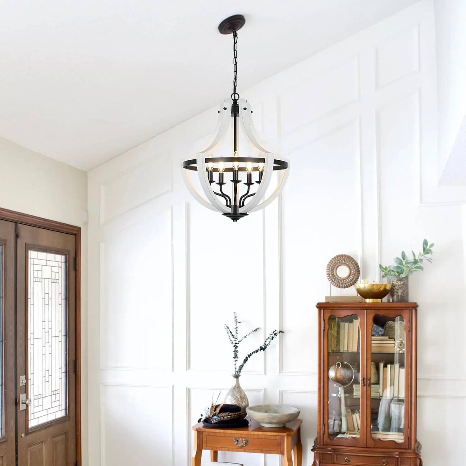 5-Light Convertible White Wood Farmhouse Chandelier - Image 2