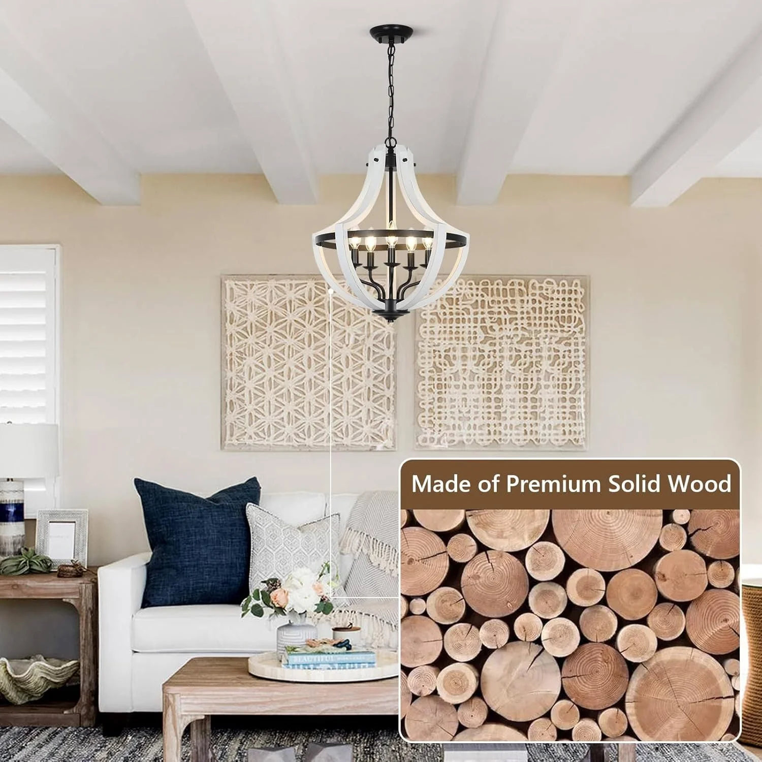 5-Light Convertible White Wood Farmhouse Chandelier - Image 3