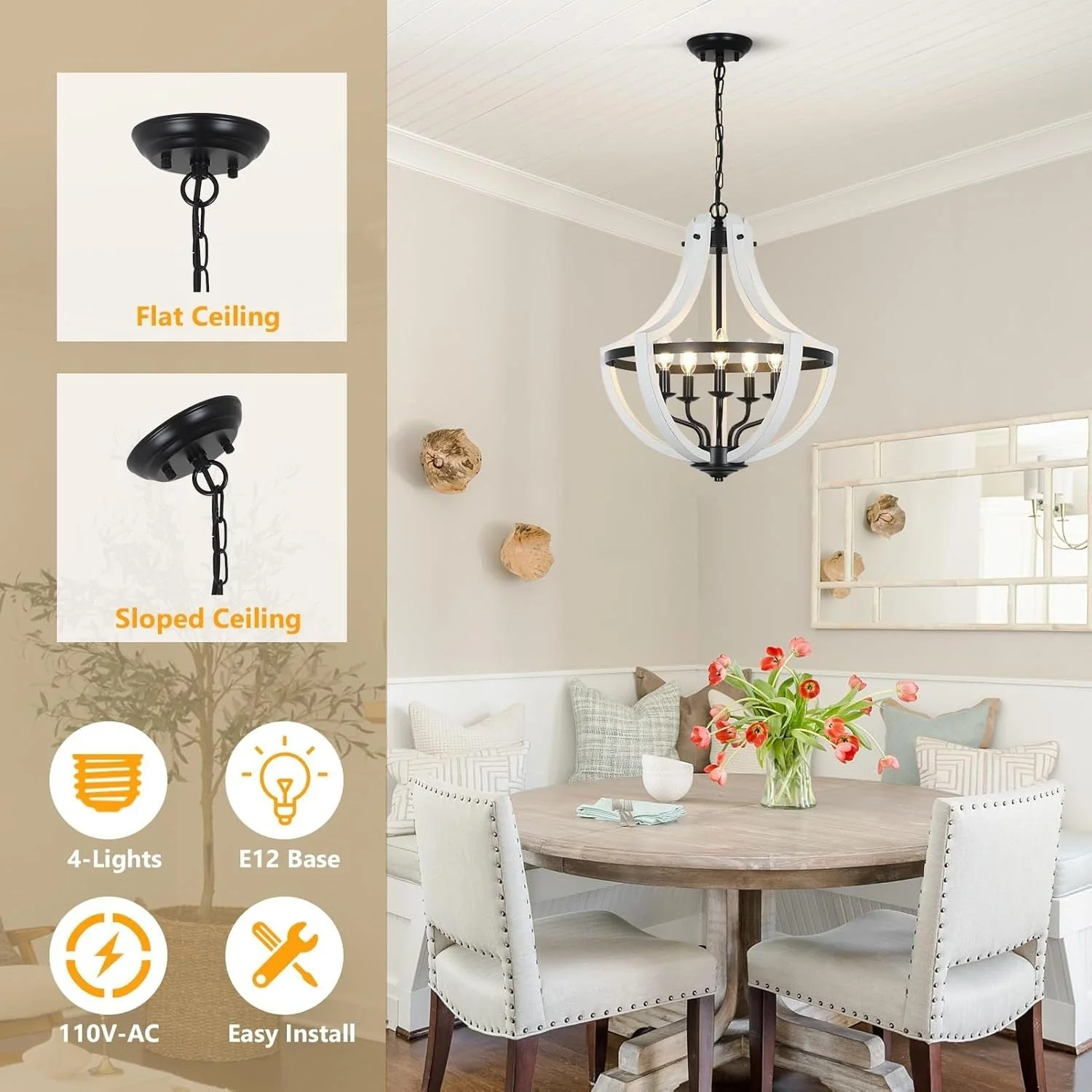 5-Light Convertible White Wood Farmhouse Chandelier - Image 4