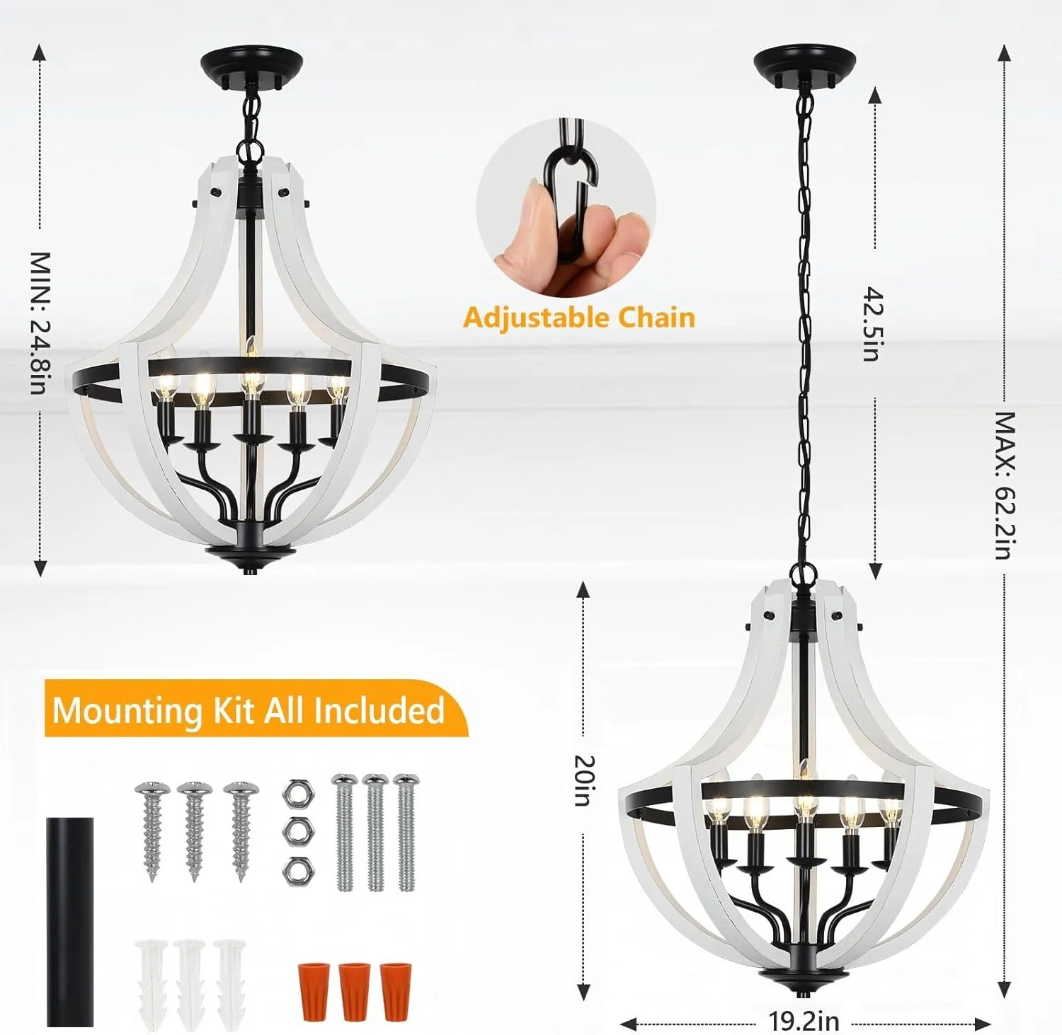 5-Light Convertible White Wood Farmhouse Chandelier - Image 5