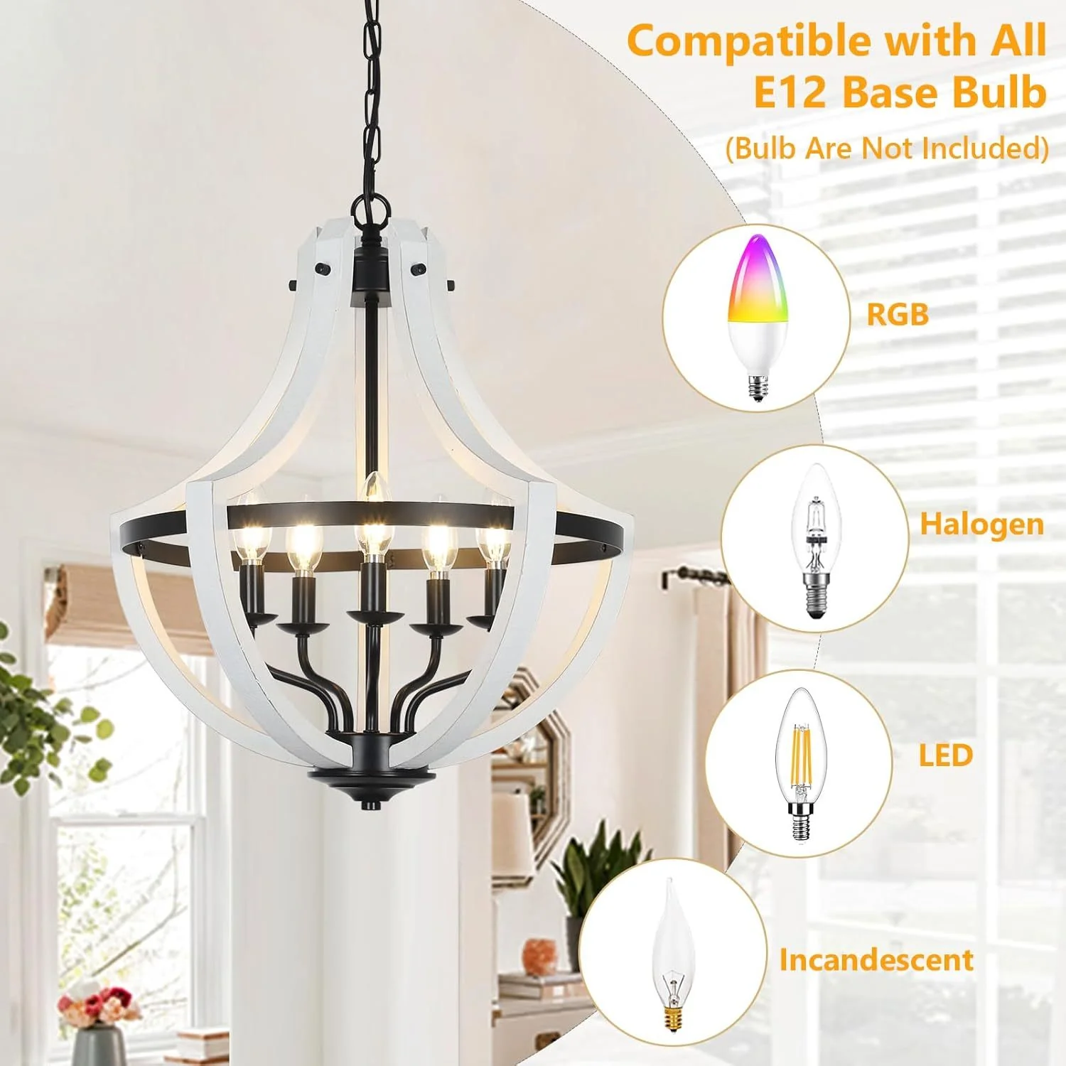 5-Light Convertible White Wood Farmhouse Chandelier - Image 6