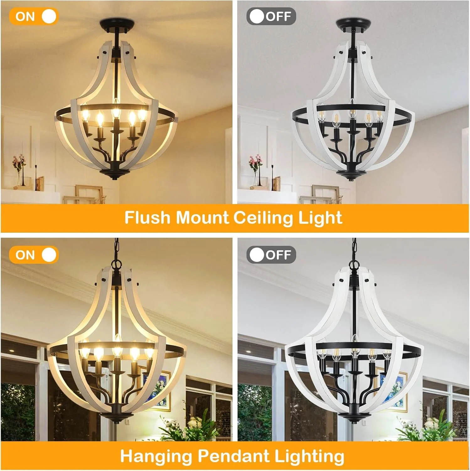 5-Light Convertible White Wood Farmhouse Chandelier - Image 7