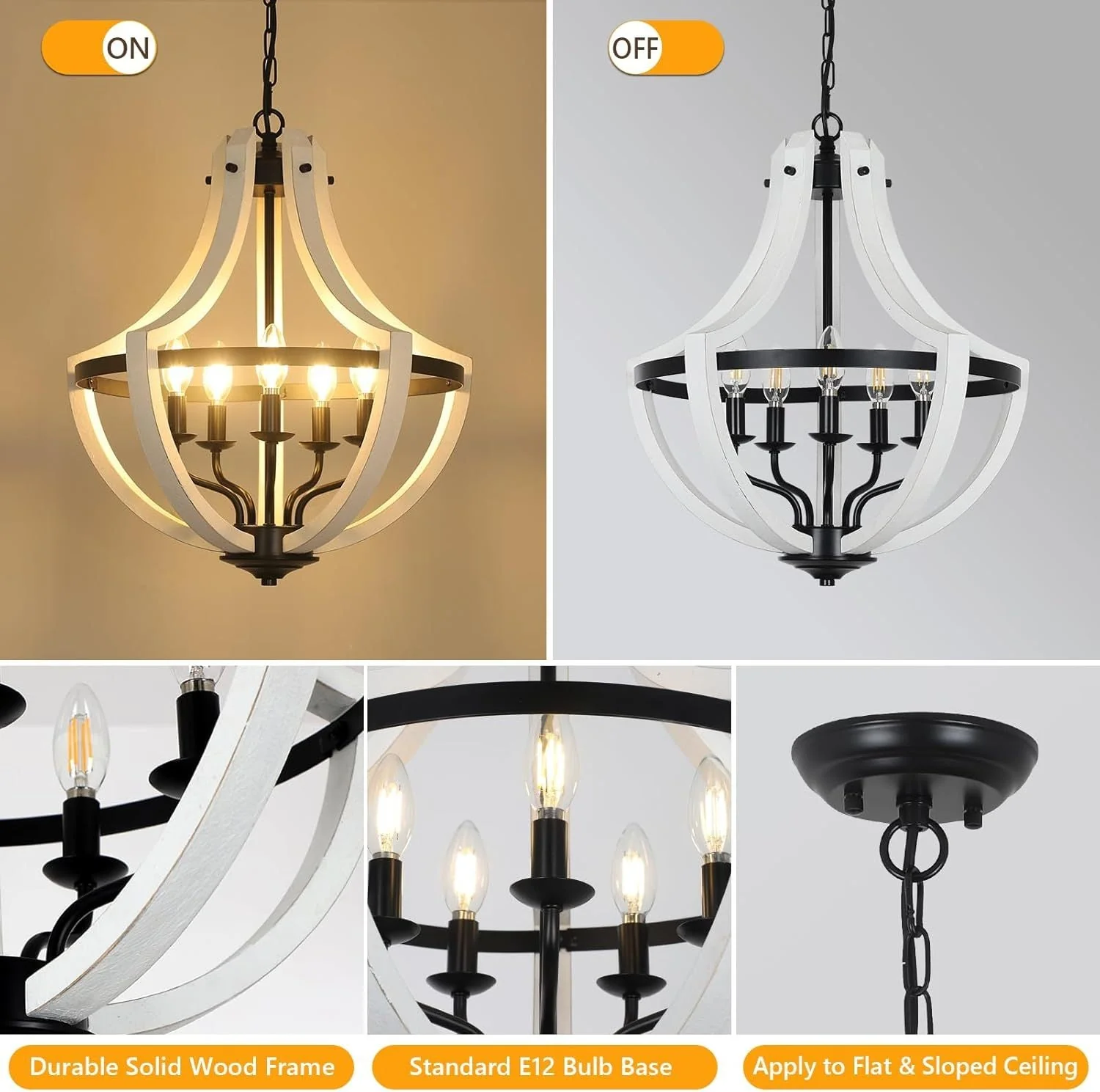 5-Light Convertible White Wood Farmhouse Chandelier - Image 8