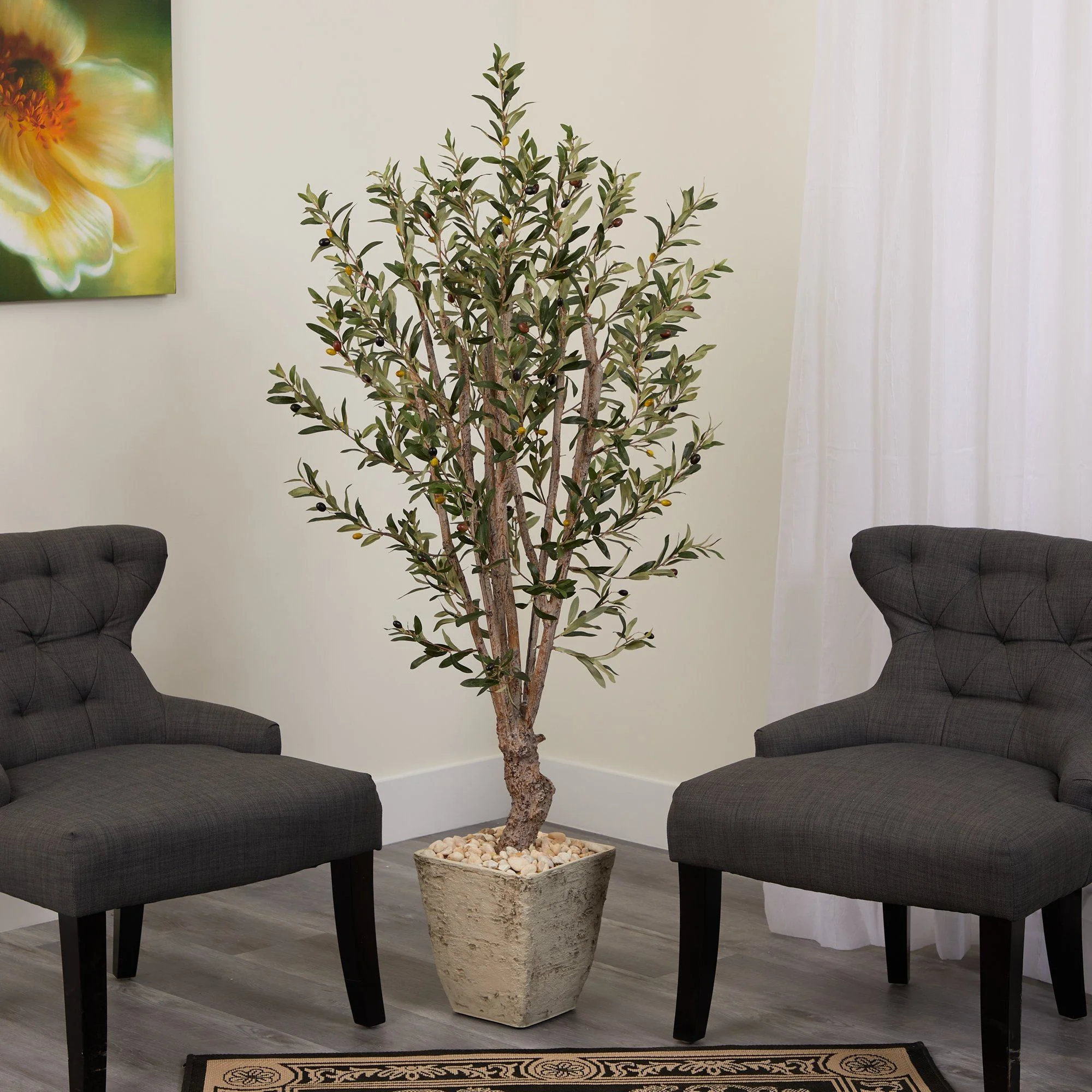 5’ Olive Artificial Tree in Country White Planter - Image 3