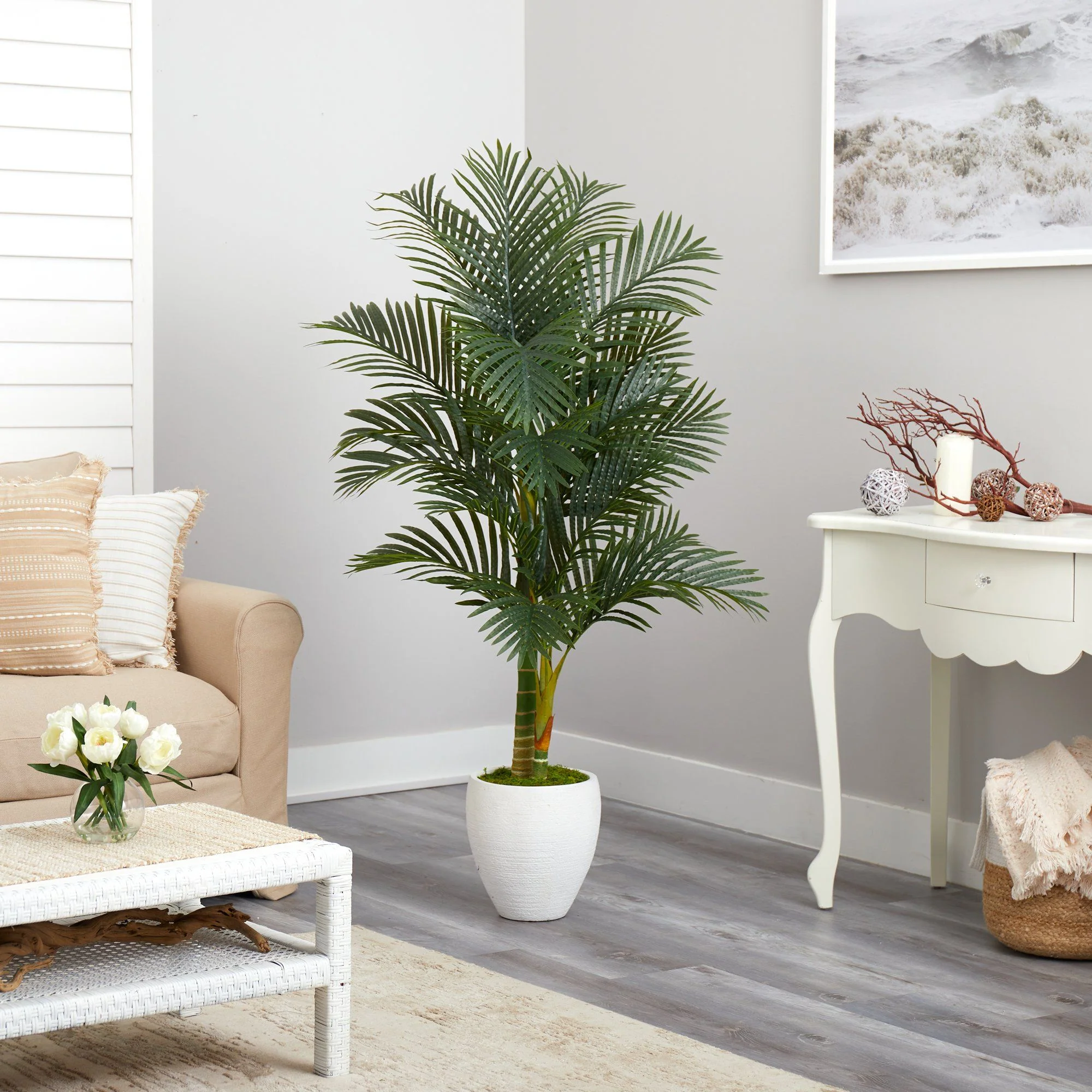 5’ Paradise Palm Artificial Tree in White Planter with Faux Moss - Image 3