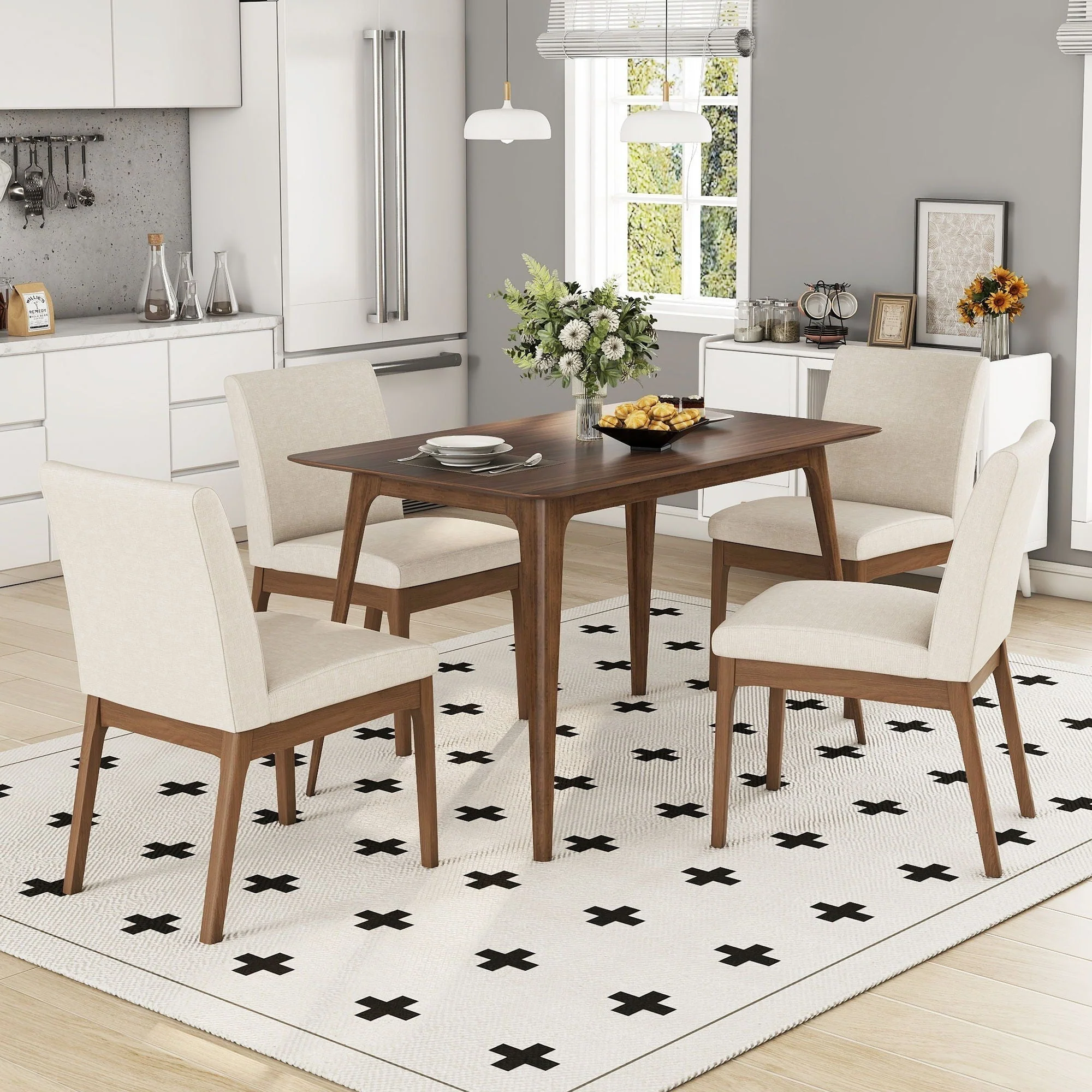 5 Piece Dining Set with 4 Upholstered Chairs - Light Beige / Walnut - Image 3