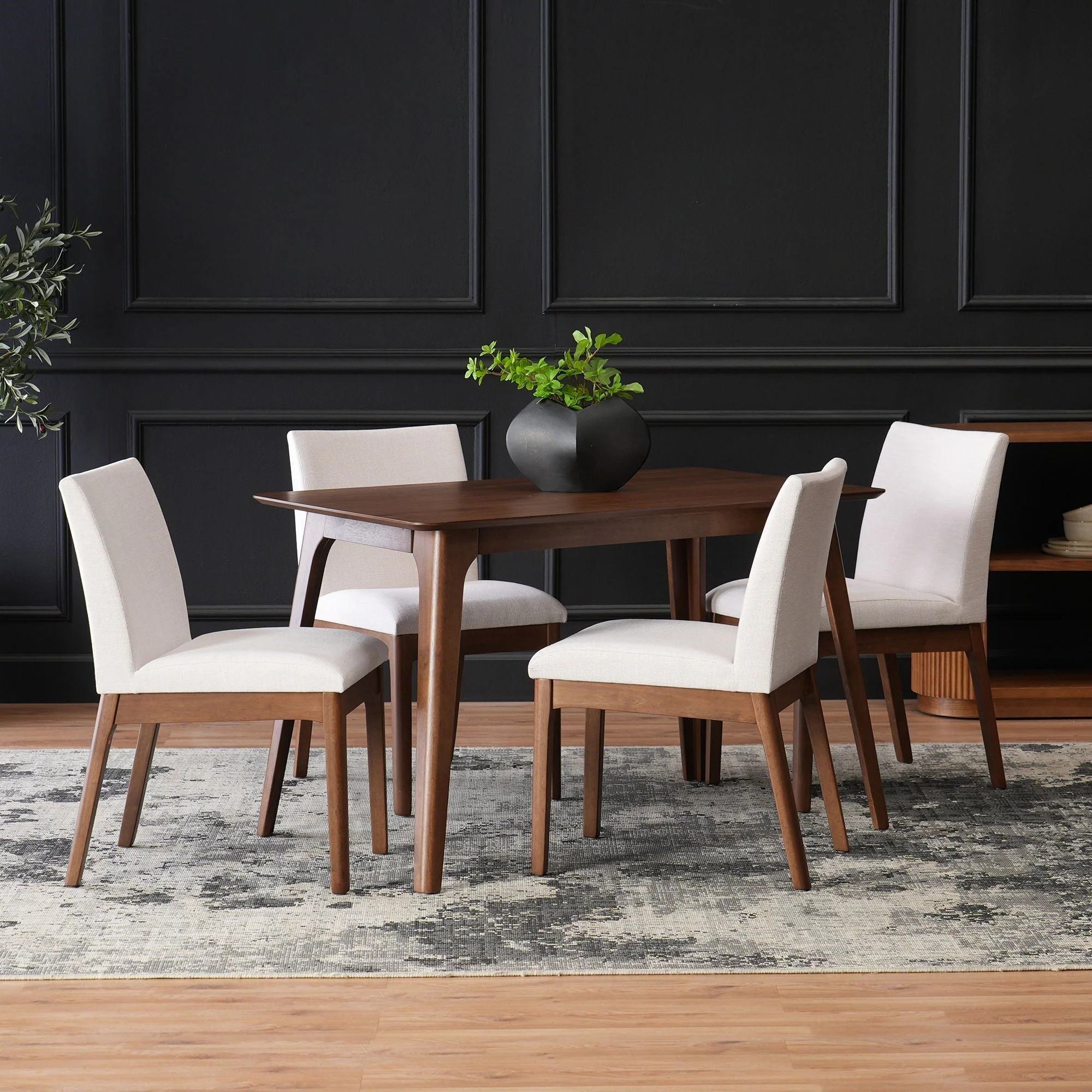 5 Piece Dining Set with 4 Upholstered Chairs - Light Beige / Walnut - Image 4