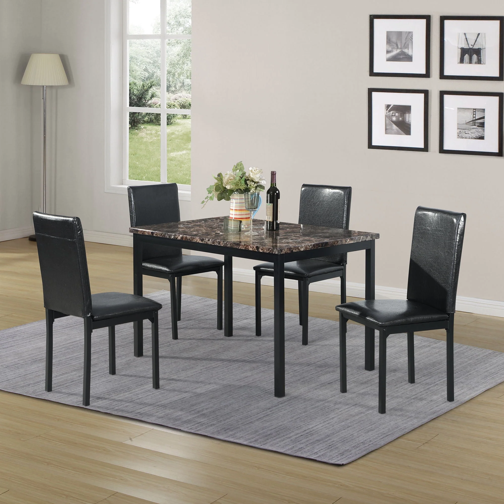 5 Piece Dinning Set With Faux Marble Top, Table & 4 Chairs - Black - Image 2
