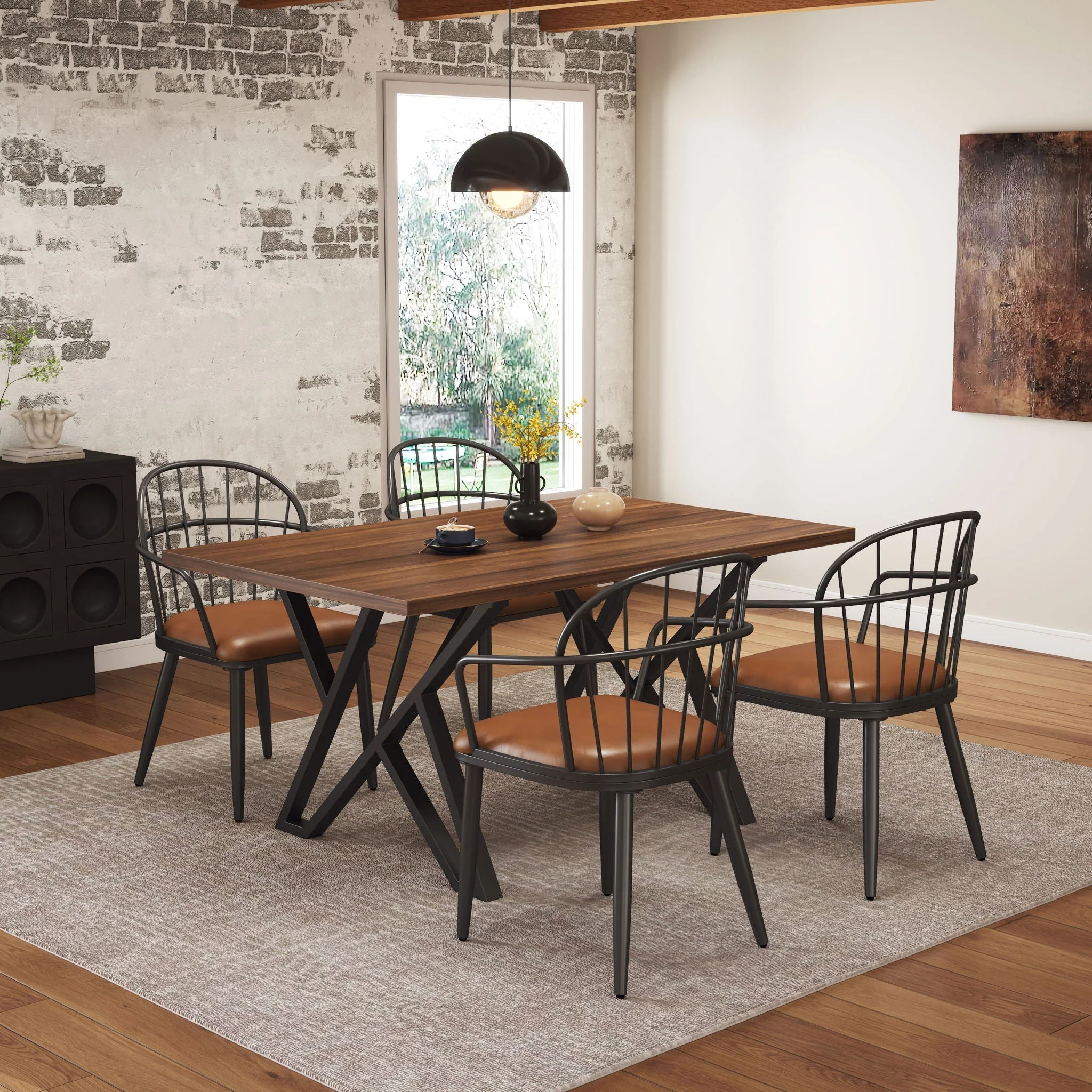 5 Piece Industrial Style Indoor Upholstered Dining Set With Metal Legs - Brown - Image 3
