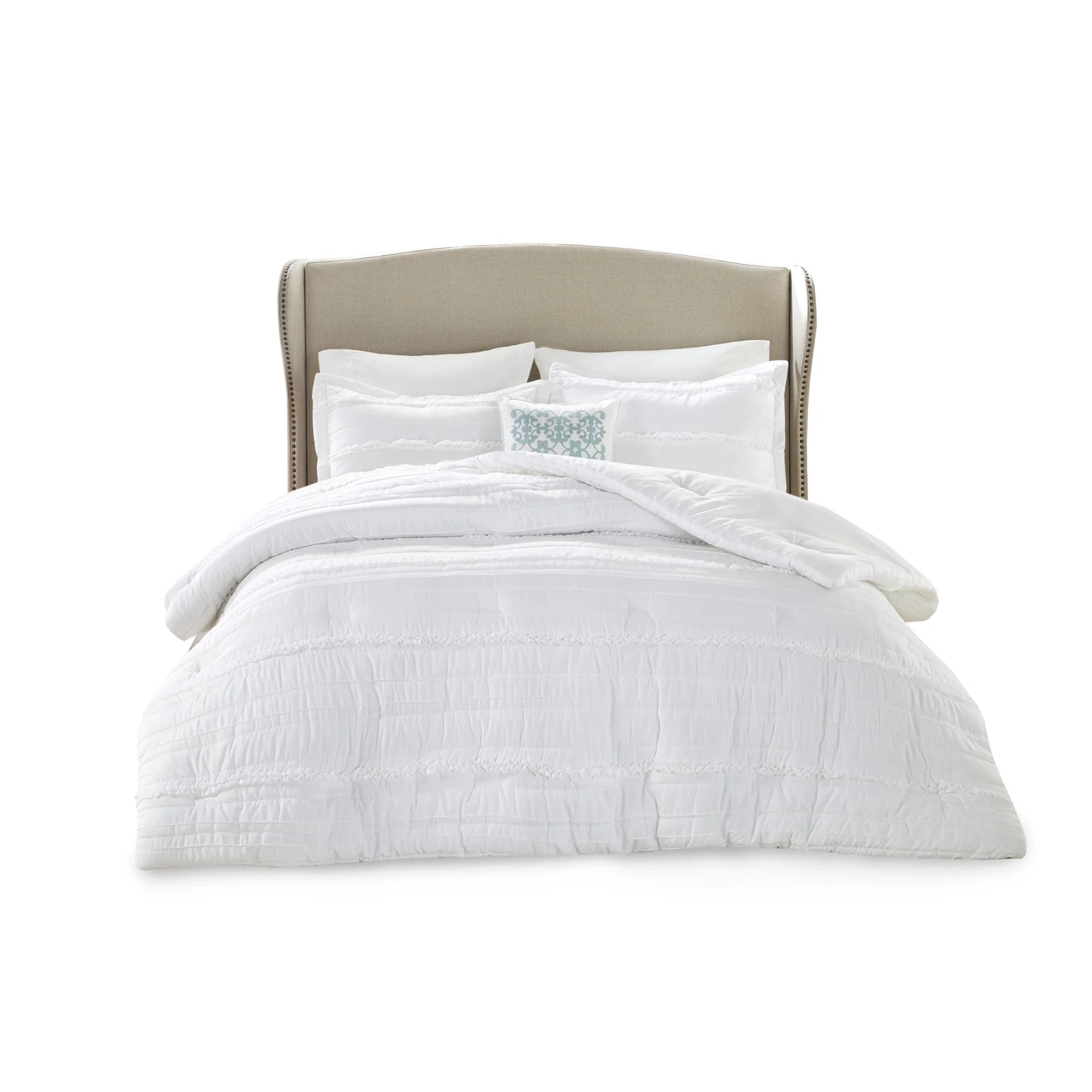 5 Piece Microfiber Ruffled Comforter Set White California King - Image 8