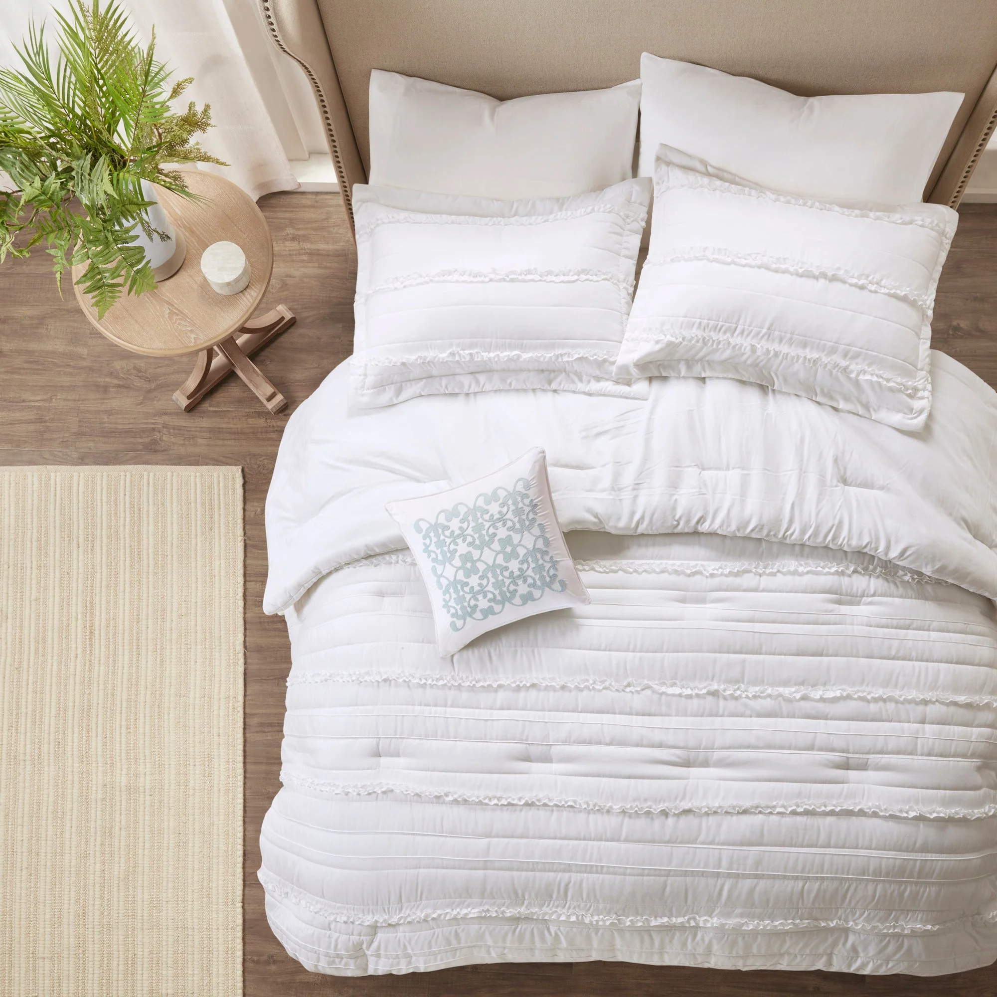 5 Piece Microfiber Ruffled Comforter Set White Queen - Image 2