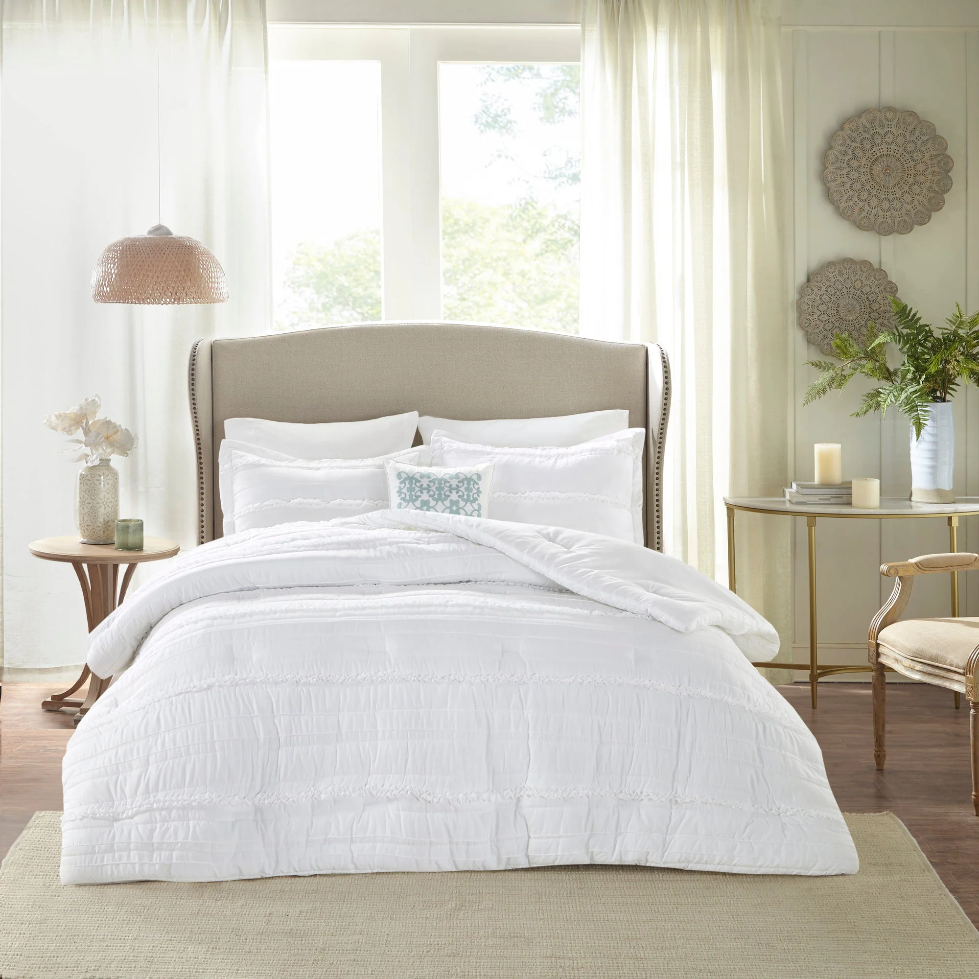 5 Piece Microfiber Ruffled Comforter Set White Queen - Image 3