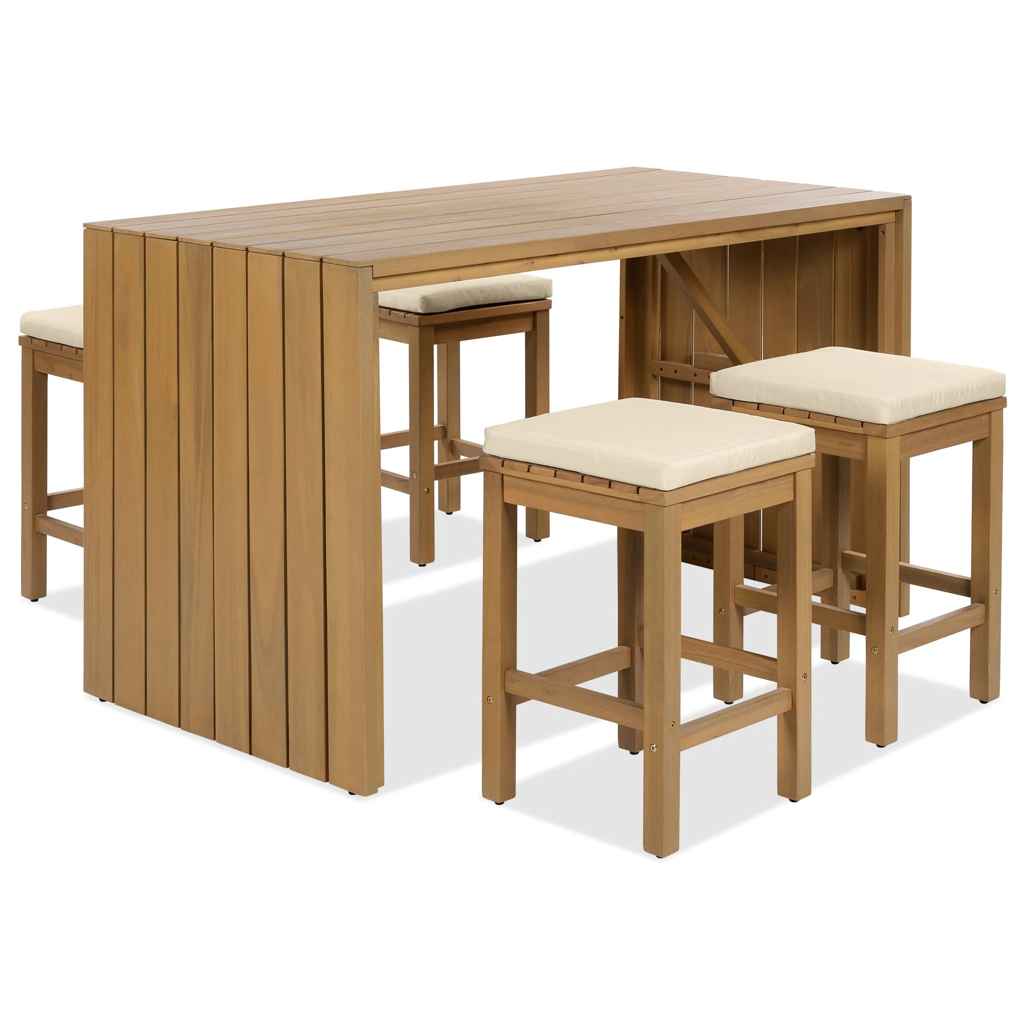 5 Piece Outdoor Bar Set with Acacia Wood Table and Cushioned Stools - Image 10